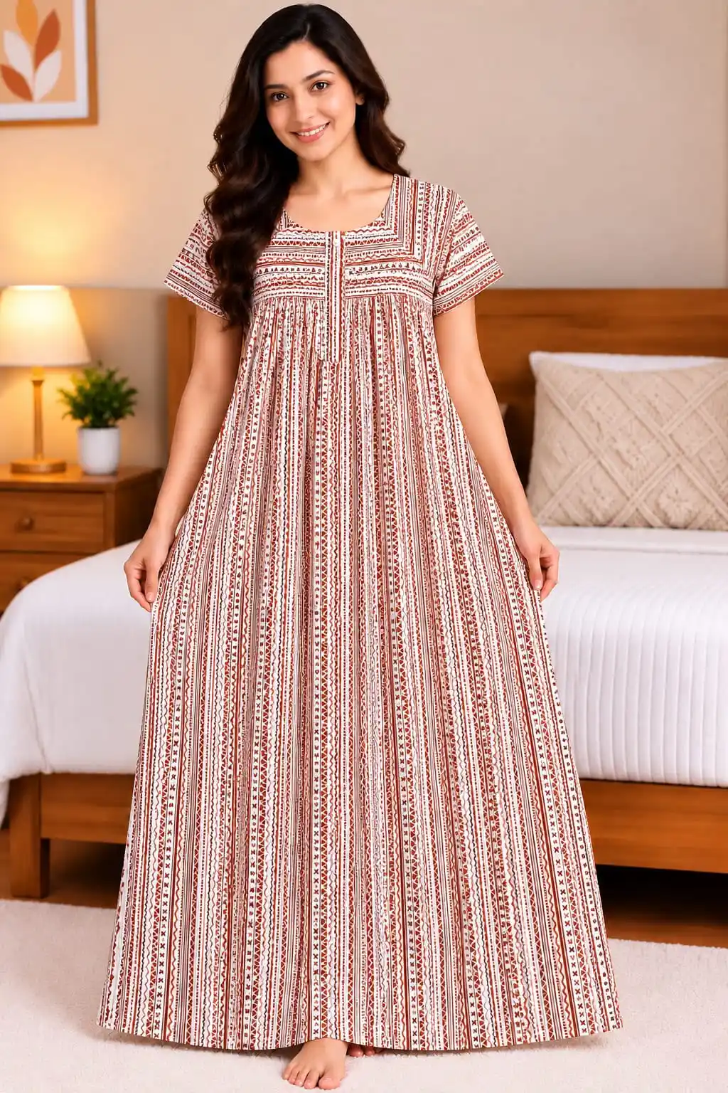 Women’s Brown Geometric Print Cotton Nighty | Short Sleeve Full-Length Night Dress.png