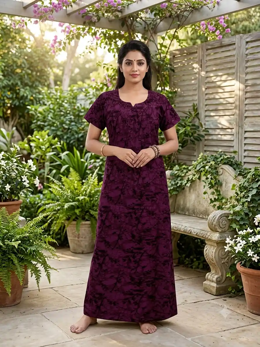 Women's Pure Cotton Printed Maxi Nighty | Plum Purple.png