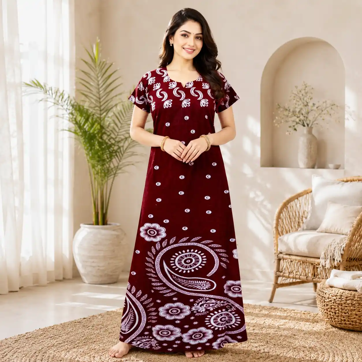 Women's Pure Cotton Paisley Maxi Nighty | Maroon Red.png