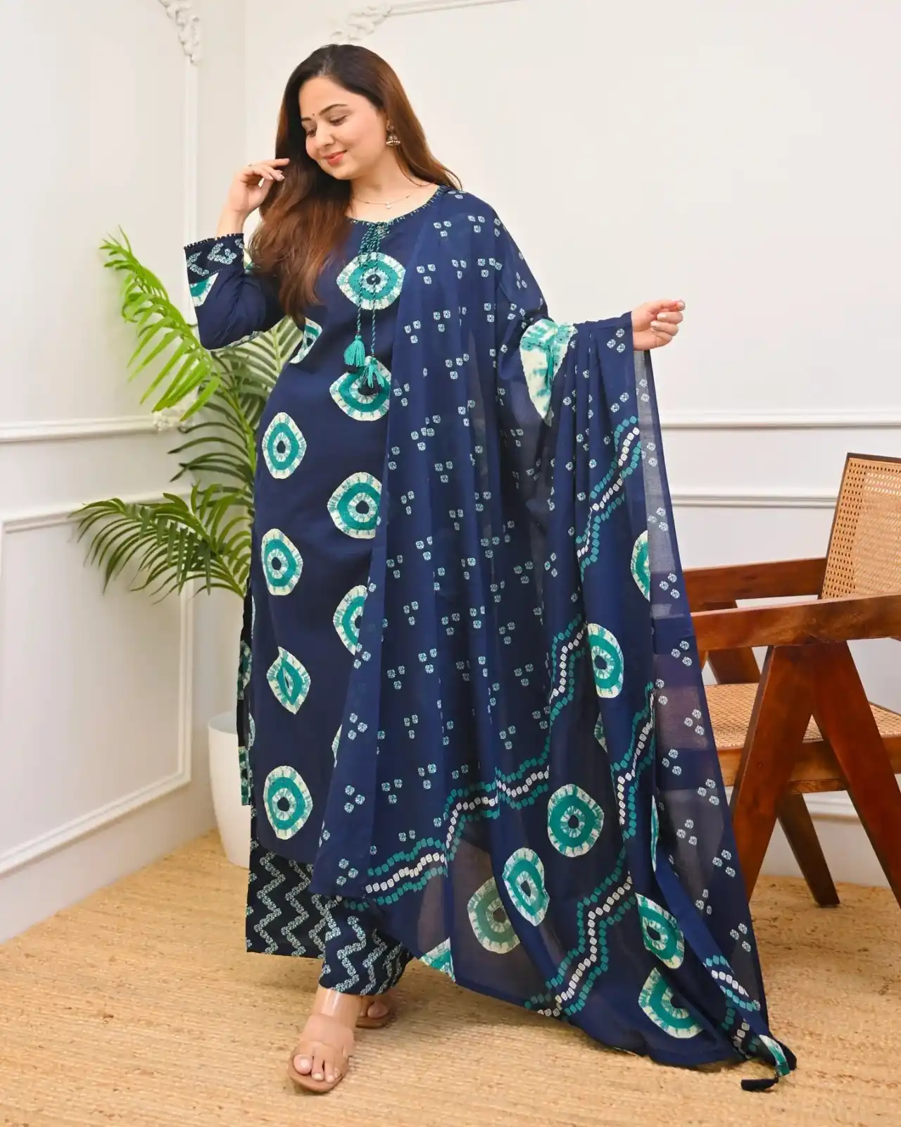 Women's Navy Blue Cotton Printed Straight Kurti Pant & Dupatta Set | 3-Piece Ethnic Suit Set.png