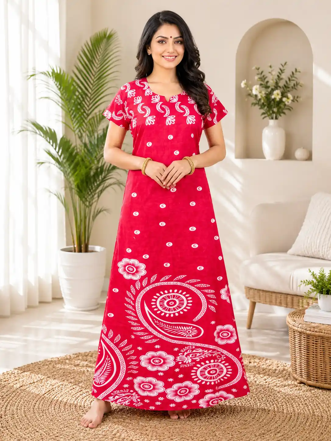 Women's Pure Cotton Paisley Maxi Nighty | Bright Red.png