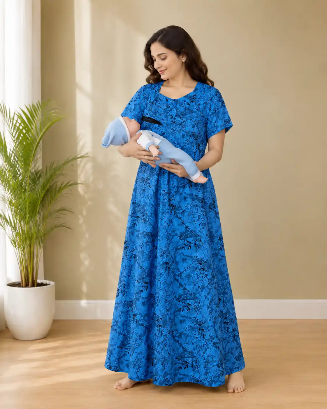 Women’s Pure Cotton Maternity & Nursing Nightgown – Blue Botanical Print Maxi Dress with Hidden Zippers.png