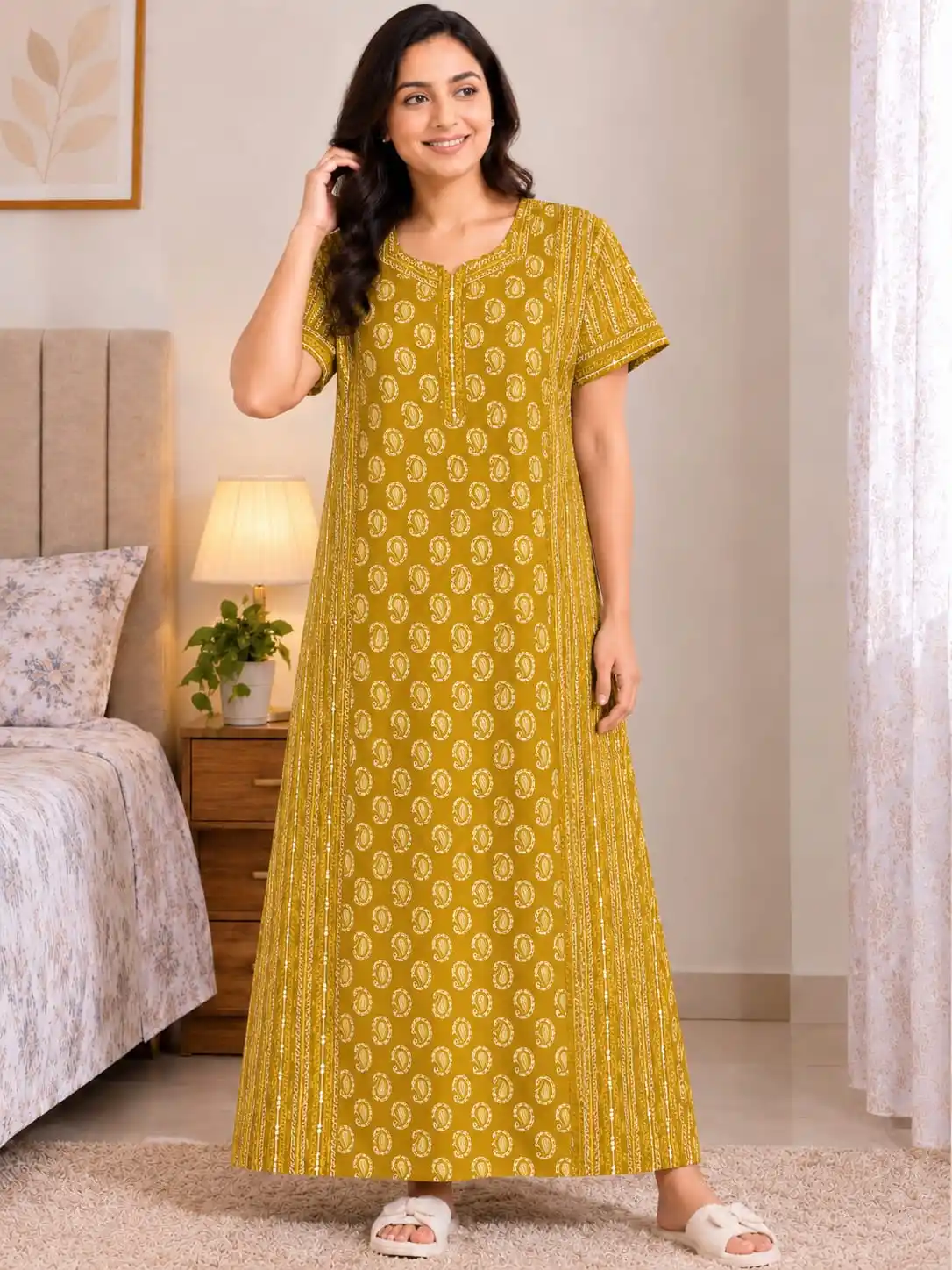 Women's Pure Cotton Mustard Yellow Paisley Printed Maxi Nightgown .png