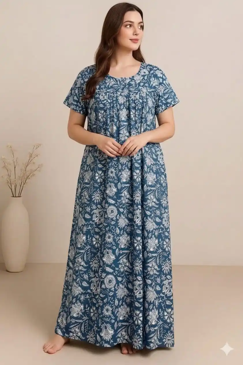 Blue Floral Printed Cotton Maxi Nightdress for Women – Soft Comfortable Nighty.png