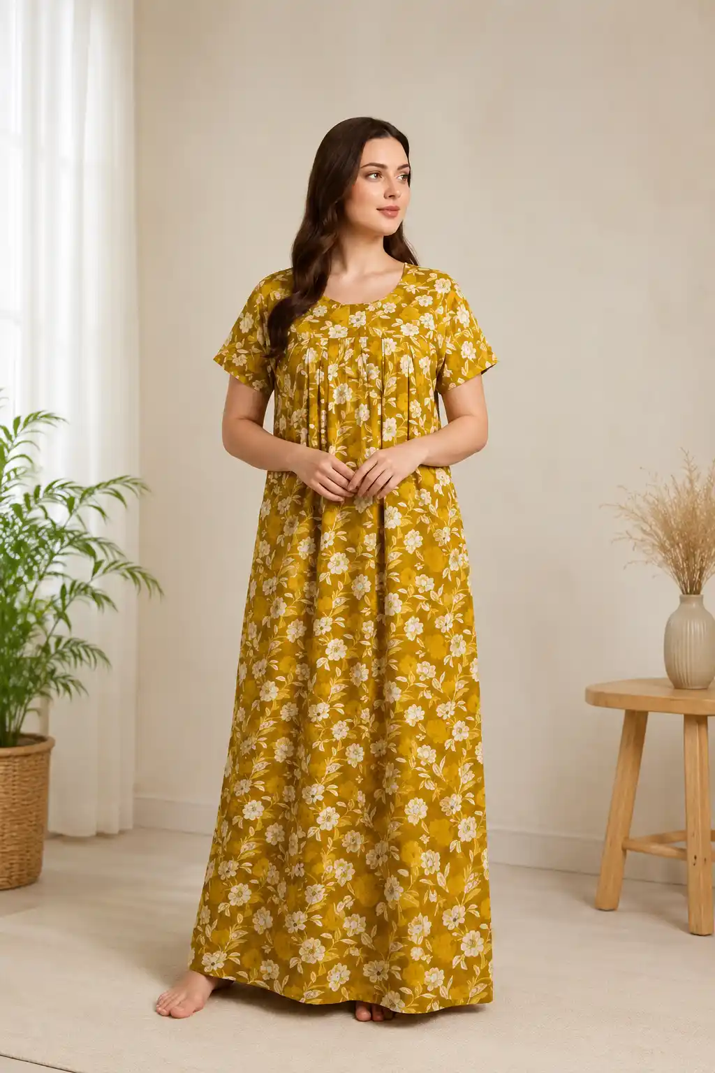 Bhiul Women’s Yellow Mustard Floral Print Cotton Maxi Nighty | Soft Comfortable Sleepwear.png