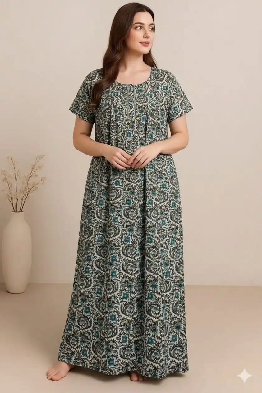 Teal Green Printed Cotton Maxi Nightdress for Women – Soft Comfortable Nighty.png