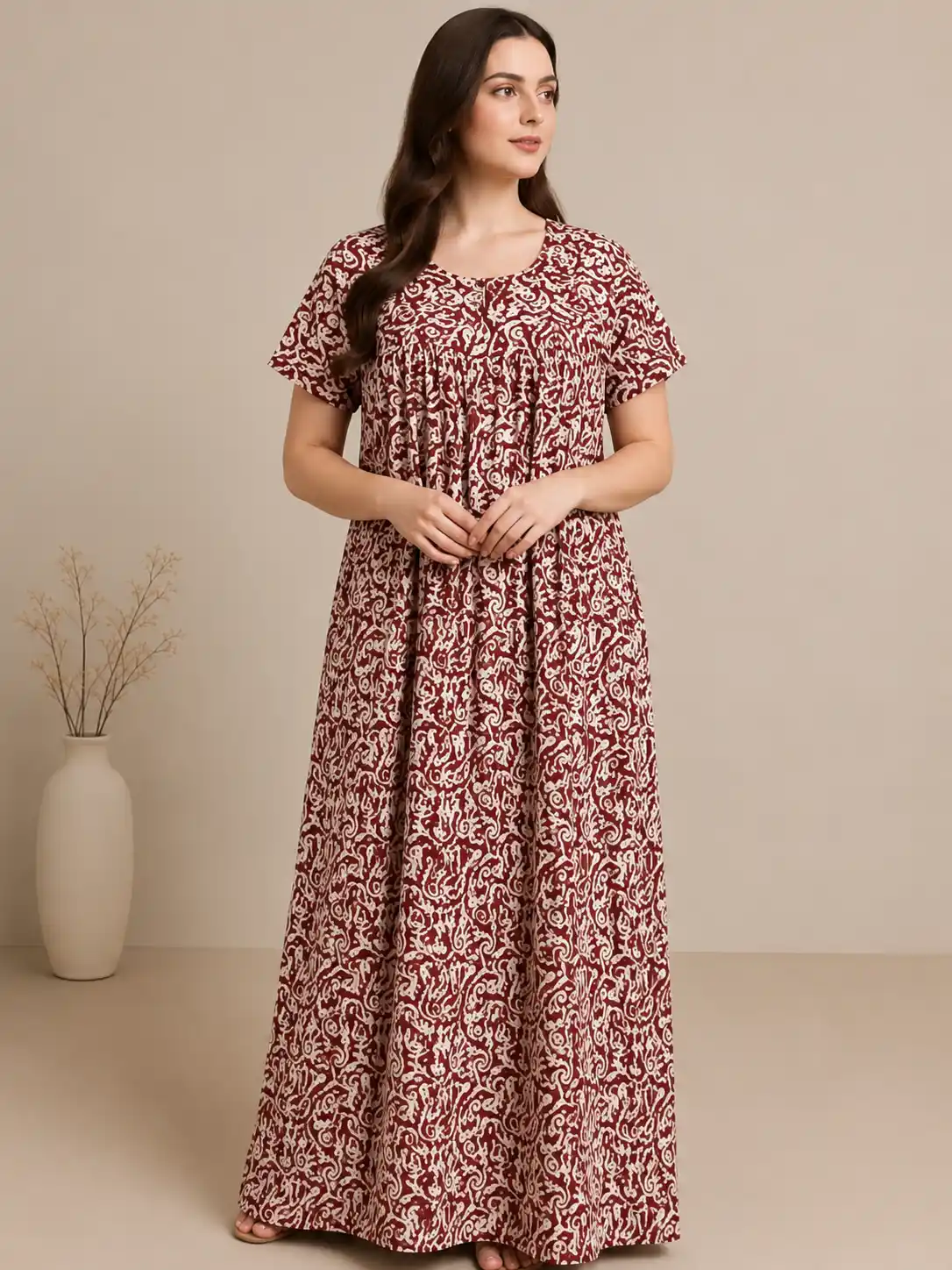 Women's Maroon Printed Cotton Maxi Nightgown.png