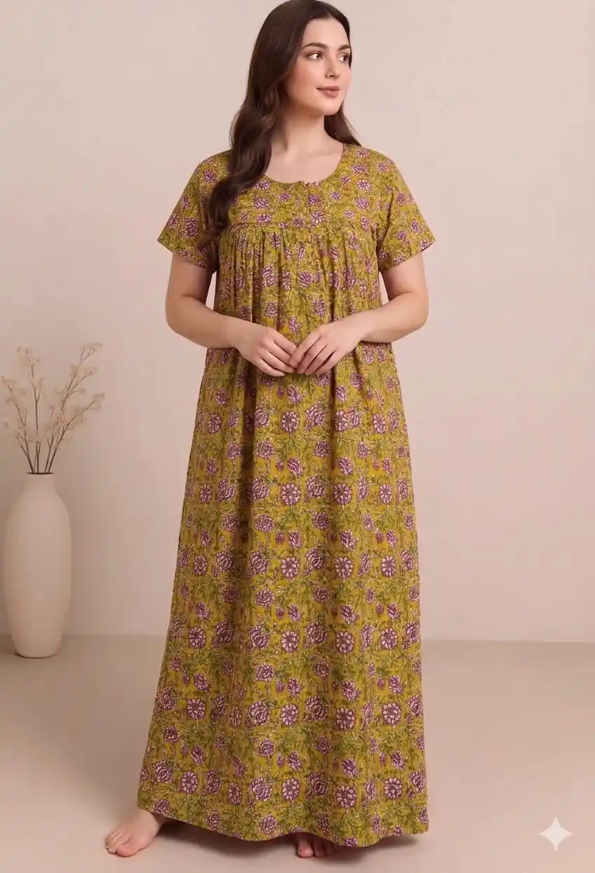 Women's Floral Printed Pure Cotton Nightgown - Yellow Green .png