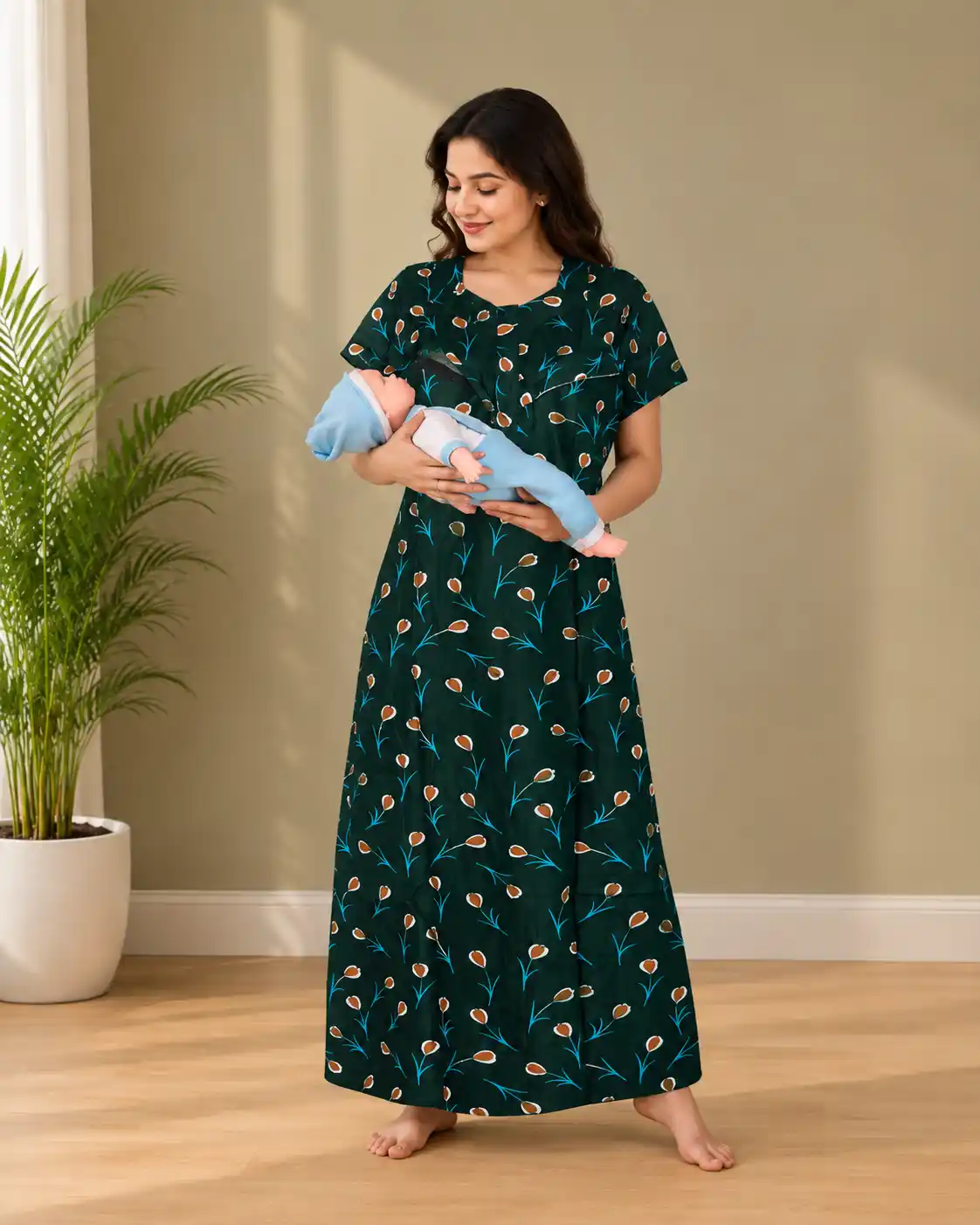 Breathable Cotton Maternity Nighty with Zip Access – Elegant Floral Postpartum & Nursing Sleepwear.png