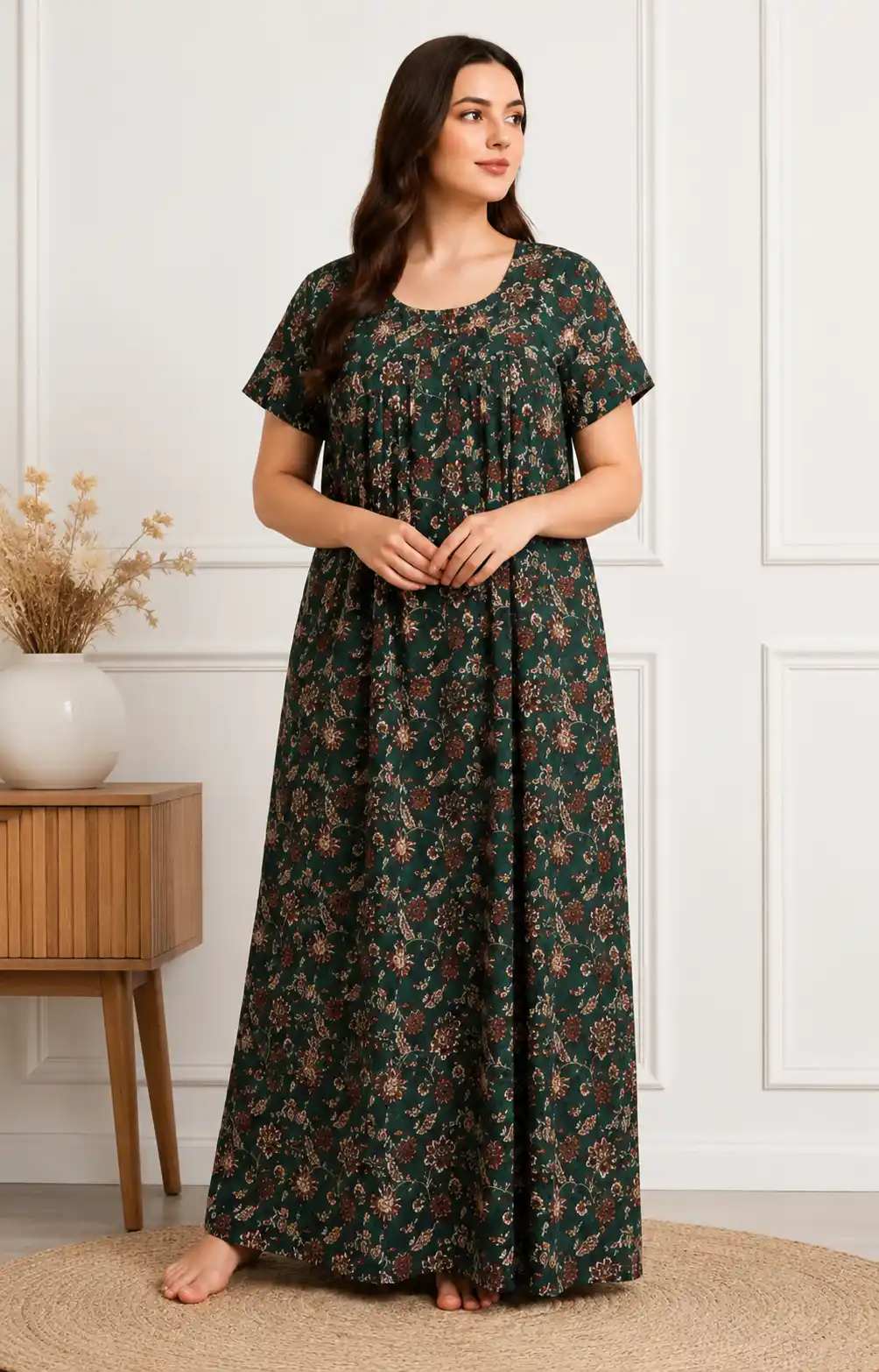 Women’s Floral Print Maxi Nightgown – Short Sleeve Pure Cotton Loungewear Dresse .png