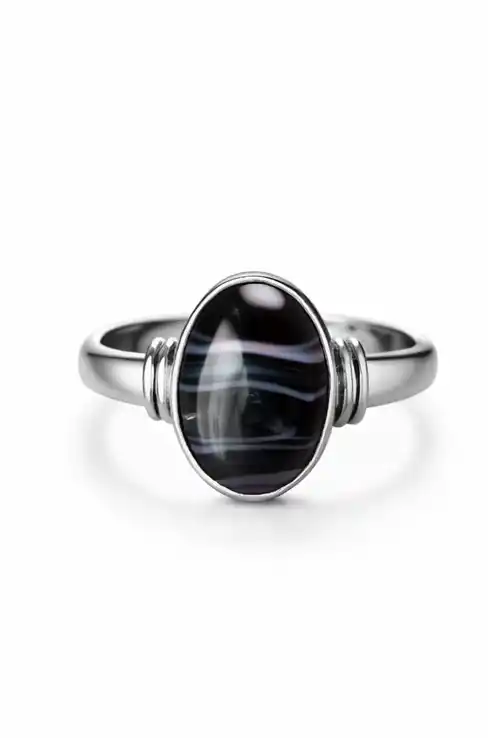 Unisex Oval Hakik Ring – Natural Black Banded Agate Stylish Finger Ring.png
