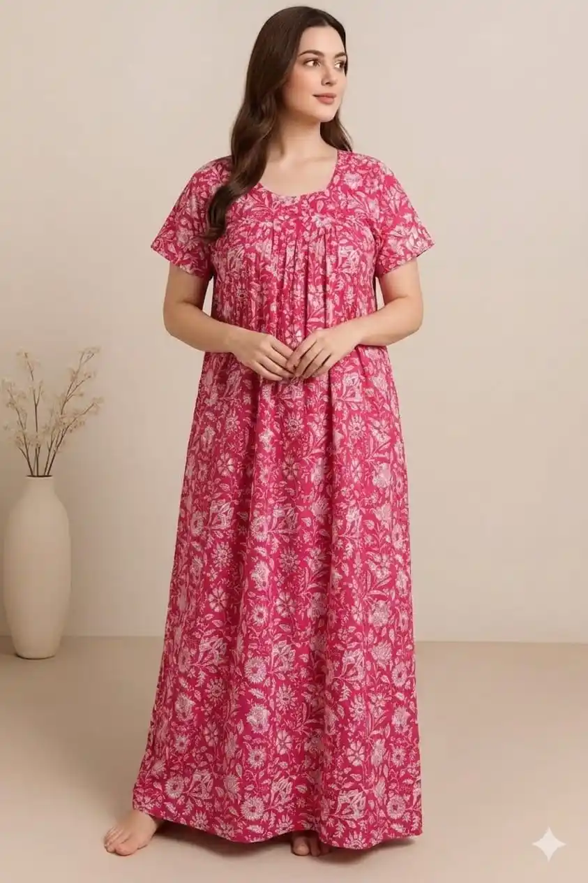 Pink Floral Printed Cotton Maxi Nightdress for Women – Soft Comfortable Nighty.png