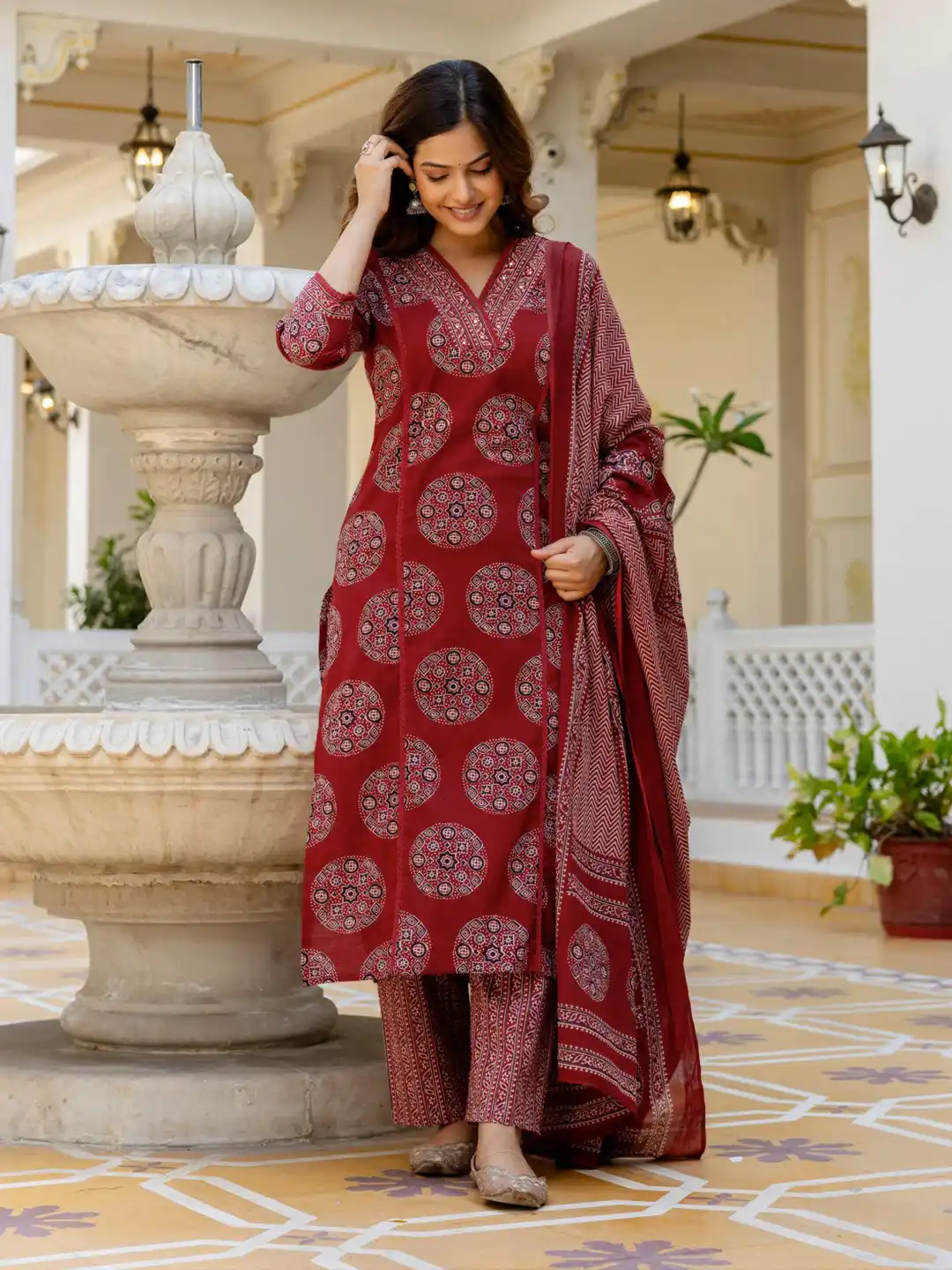 Women's Maroon Floral Printed Pure Cotton Kurta with Palazzos & Dupatta – Set of 3.png