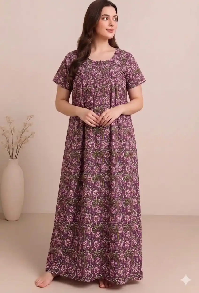 Women's Purple Green Floral Pure Cotton Nightgown.png