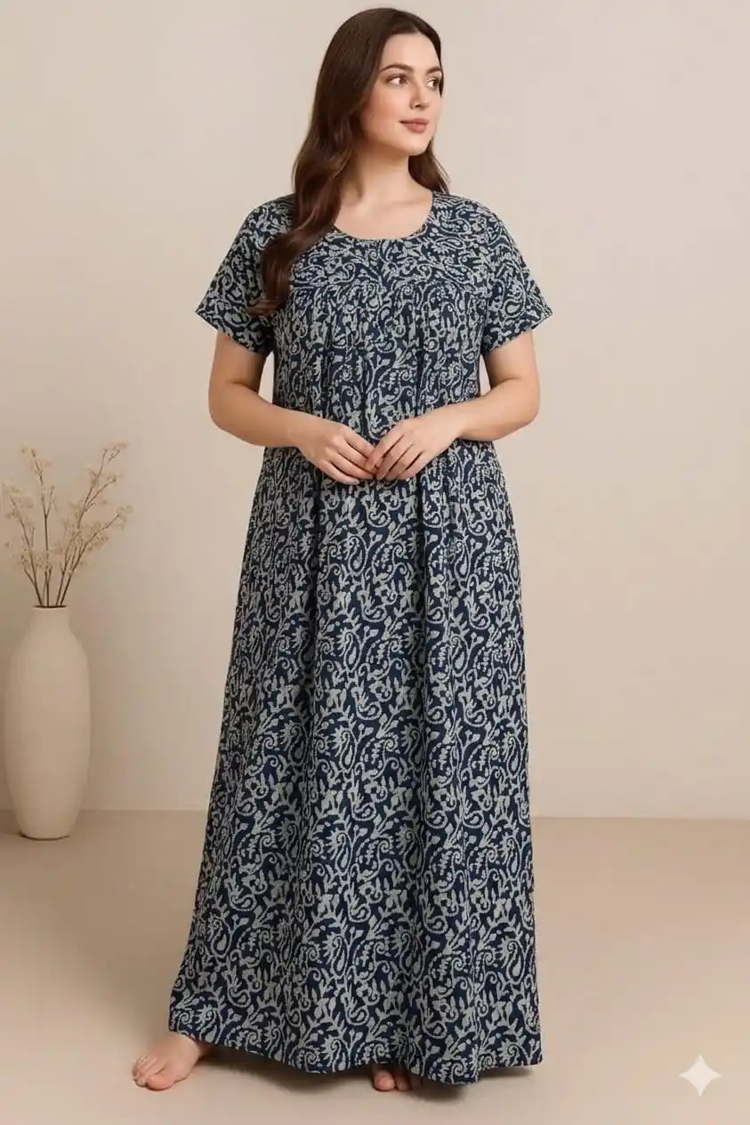 Navy Blue Printed Cotton Maxi Nightdress for Women – Soft Comfortable Nighty.png