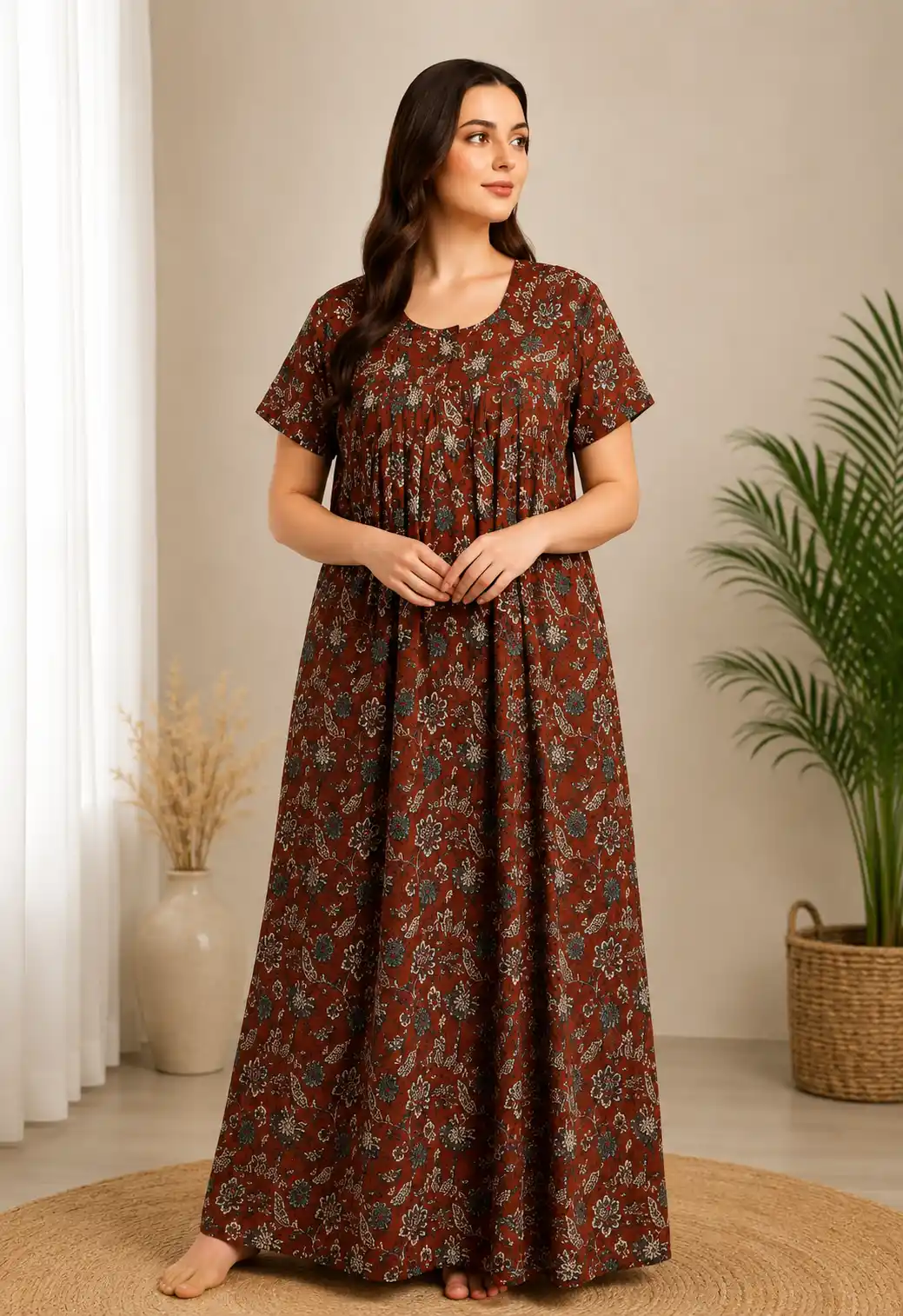 Women’s Floral Print Maxi Nightgown – Short Sleeve Pure Cotton Loungewear Dresse .png
