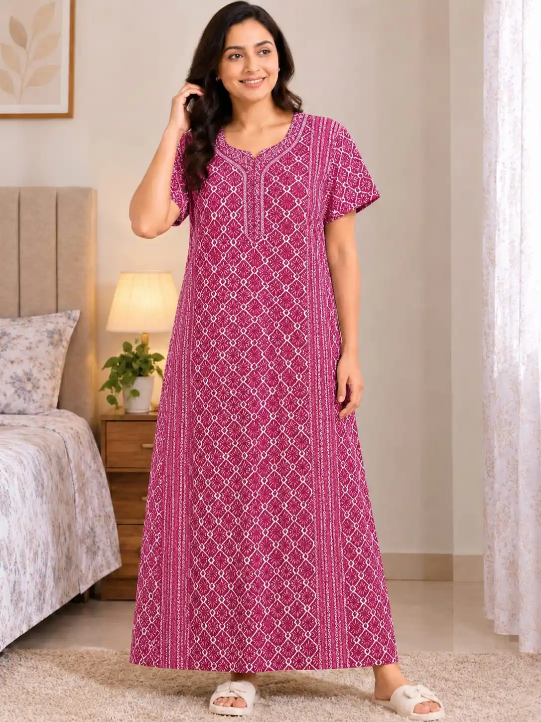 Women's Pure Cotton Magenta Pink Geometric Printed Maxi Nightgown / Nighty.png