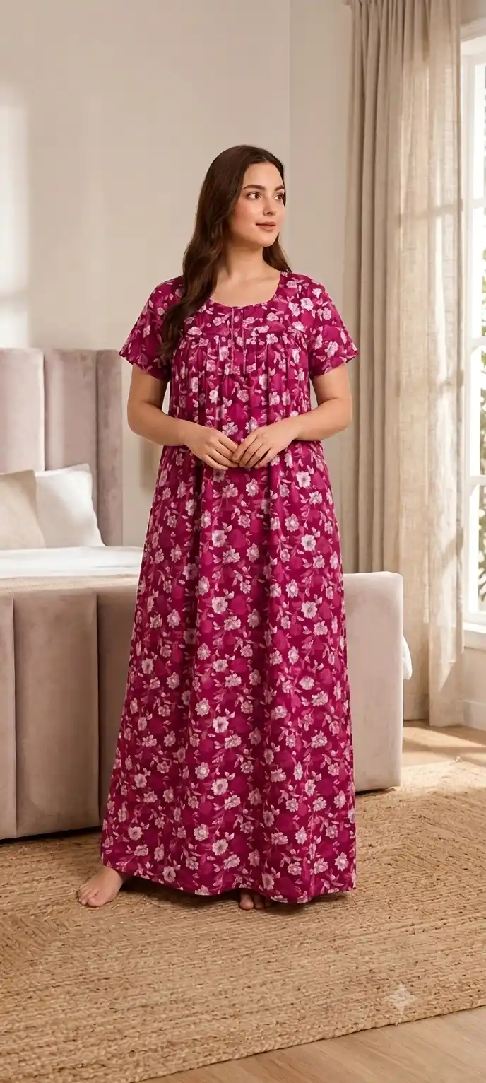 Women's Magenta Floral Print Cotton Maxi Nightgown.png