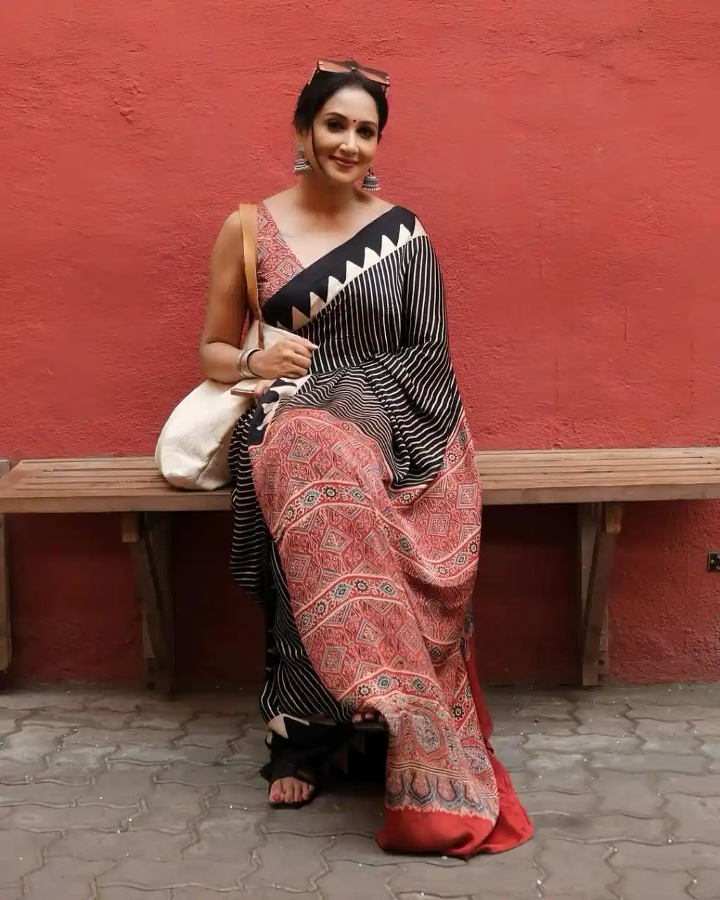 ZIBRA LINE RED AJRAKH PALLU SAREE.png