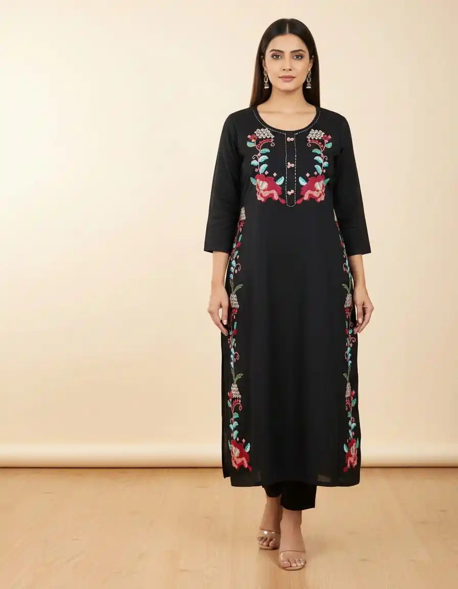 traditional kurti modern design Black premium cotton embroidered kurti for women.png