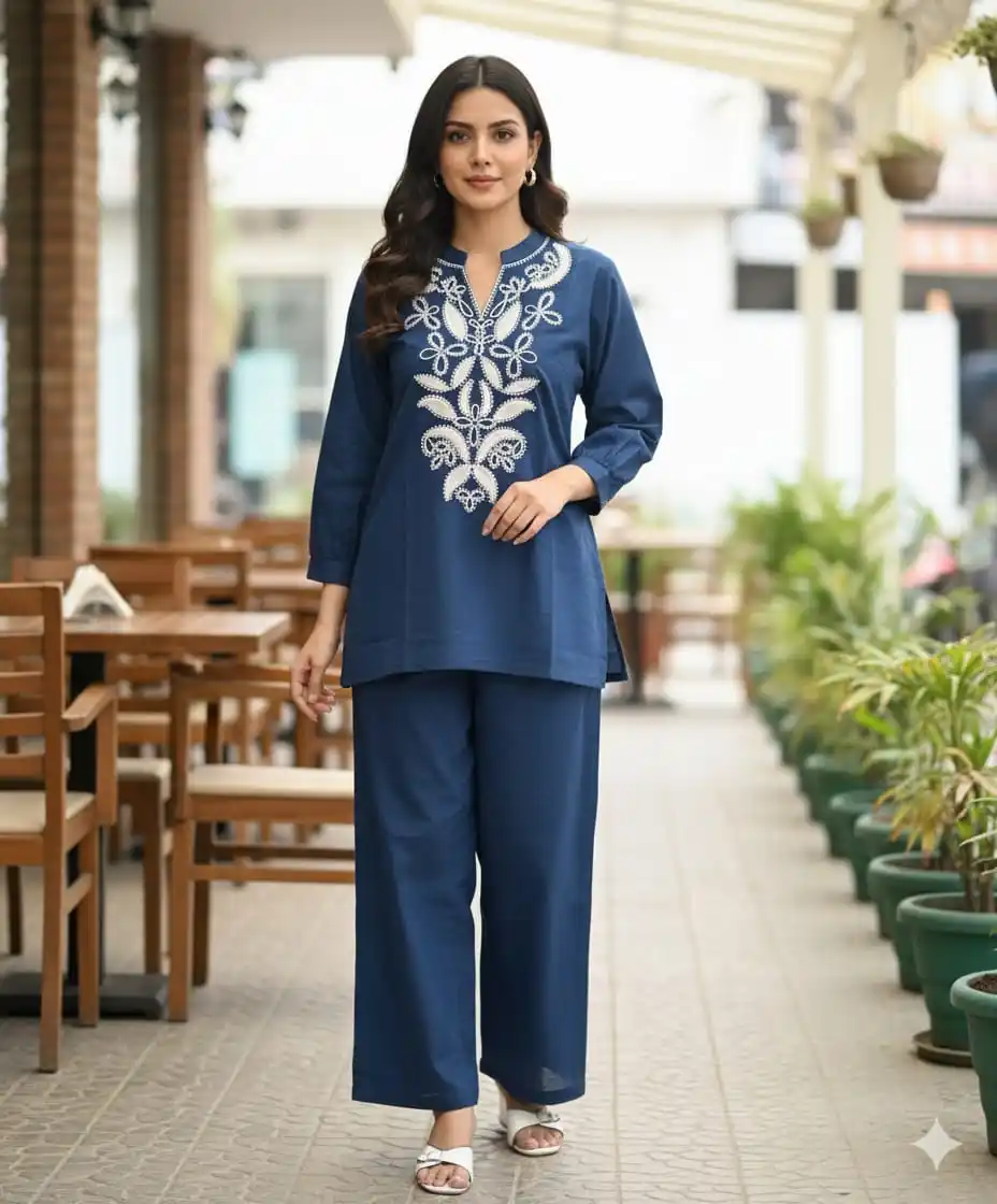 Embroidered Co-Ord Set for Women Cotton Kurta Pant Set Floral Design Ethnic Wear Coord Set for Women Casual Party Office Outfit.png