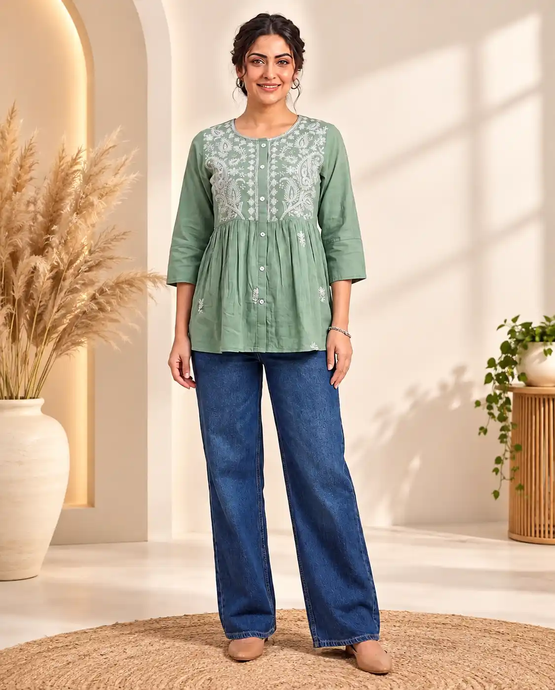 Sage Green Embroidered Pure Cotton Short Kurti for Women | Ethnic Tunics.png