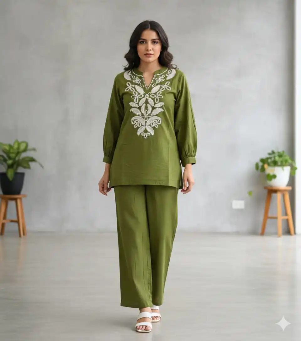 Embroidered Co-Ord Set for Women Cotton Kurta Pant Set Floral Design Ethnic Wear Coord Set for Women Casual Party Office Outfit.png