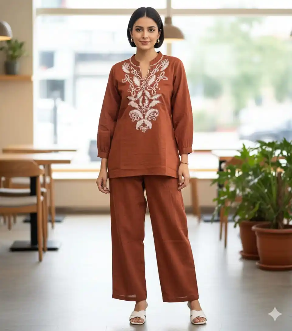 Embroidered Co-Ord Set for Women Cotton Kurta Pant Set Floral Design Ethnic Wear Coord Set for Women Casual Party Office Outfit.png