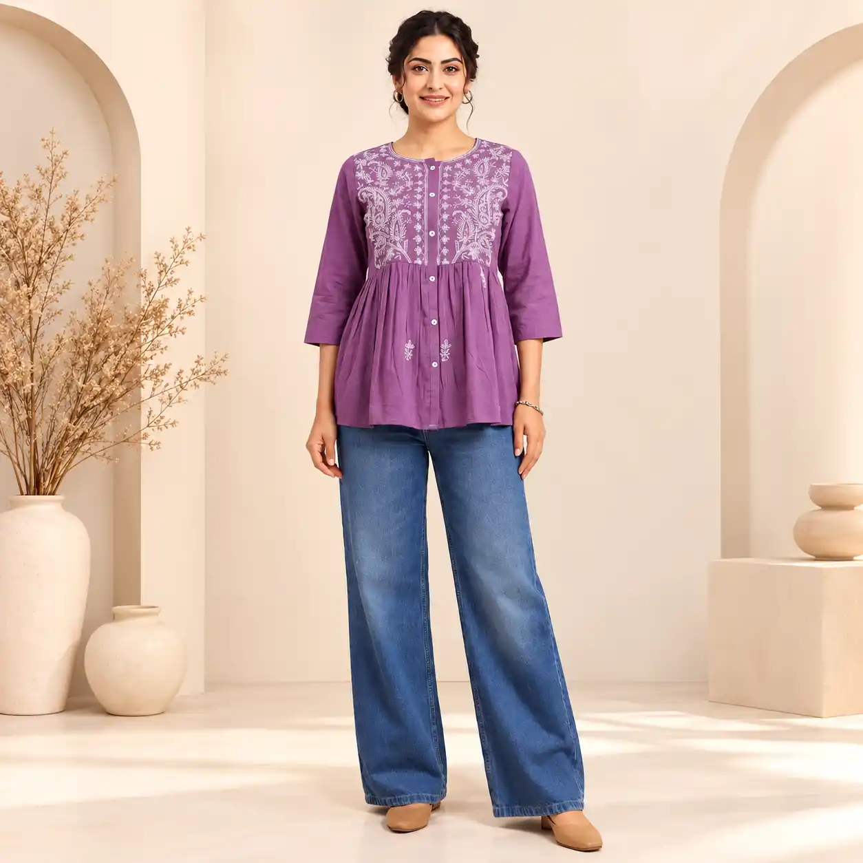 Kurti Verse Women's Pure Cotton Embroidered Short Kurti  Casual 3/4 Sleeve Solid Tunic Top for Jeans & Pants.png