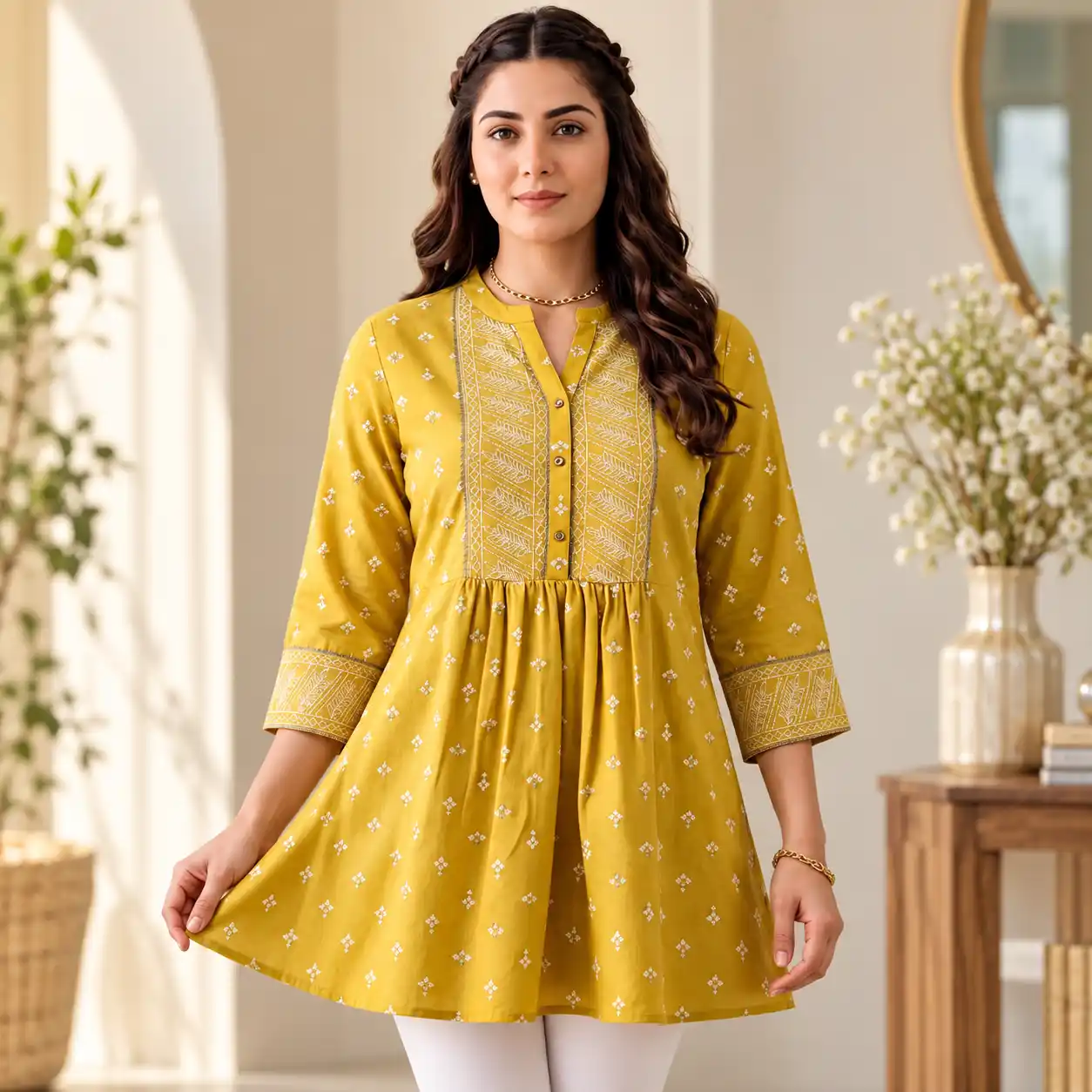 Mustard Yellow Printed & Embroidered Short Kurti / Peplum Top with Front Pleats.png