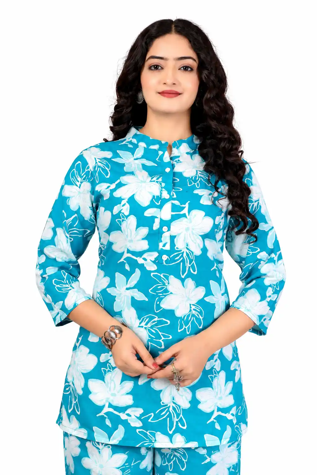 Generic Brand Rayon Floral Printed Co-ord Set for Women | Stylish Teal Blue Short Kurti with Matching Trousers | Daily Wear & Casual Outfits.png