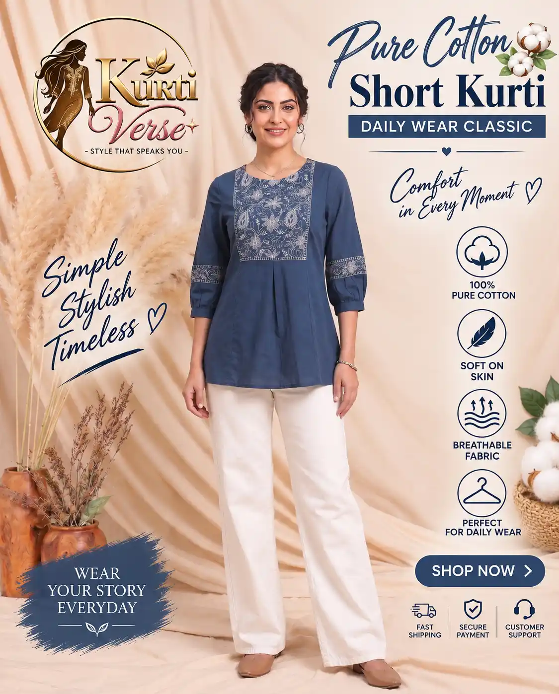 Generic Women's Slate Blue Cotton Embroidered Short Kurti/Top with 3/4 Sleeves and White Trousers – Casual & Indo-Western 1-Piece Outfit.png