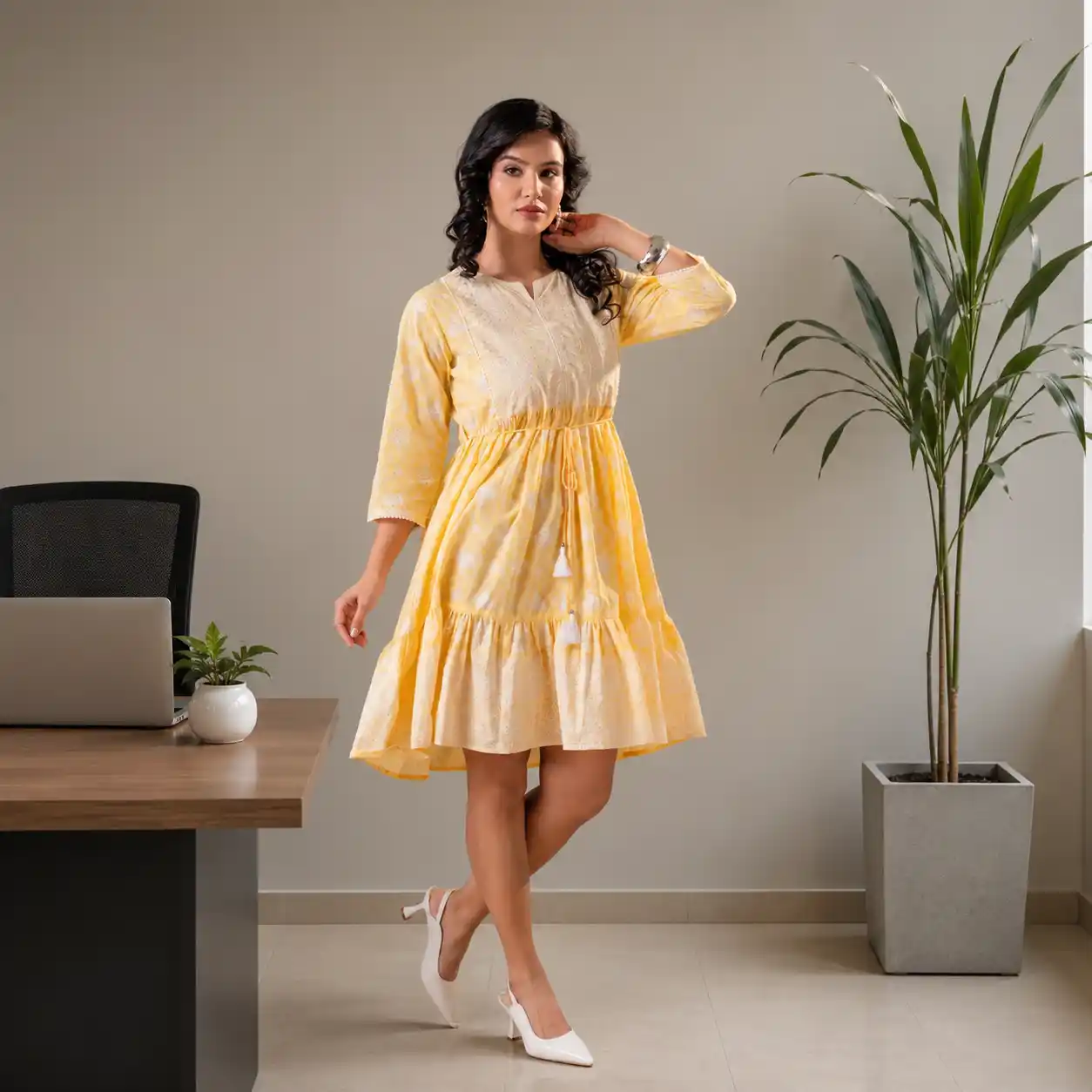 Sunshine Yellow Printed Cotton Tiered Casual Dress with Drawstring Waist.png