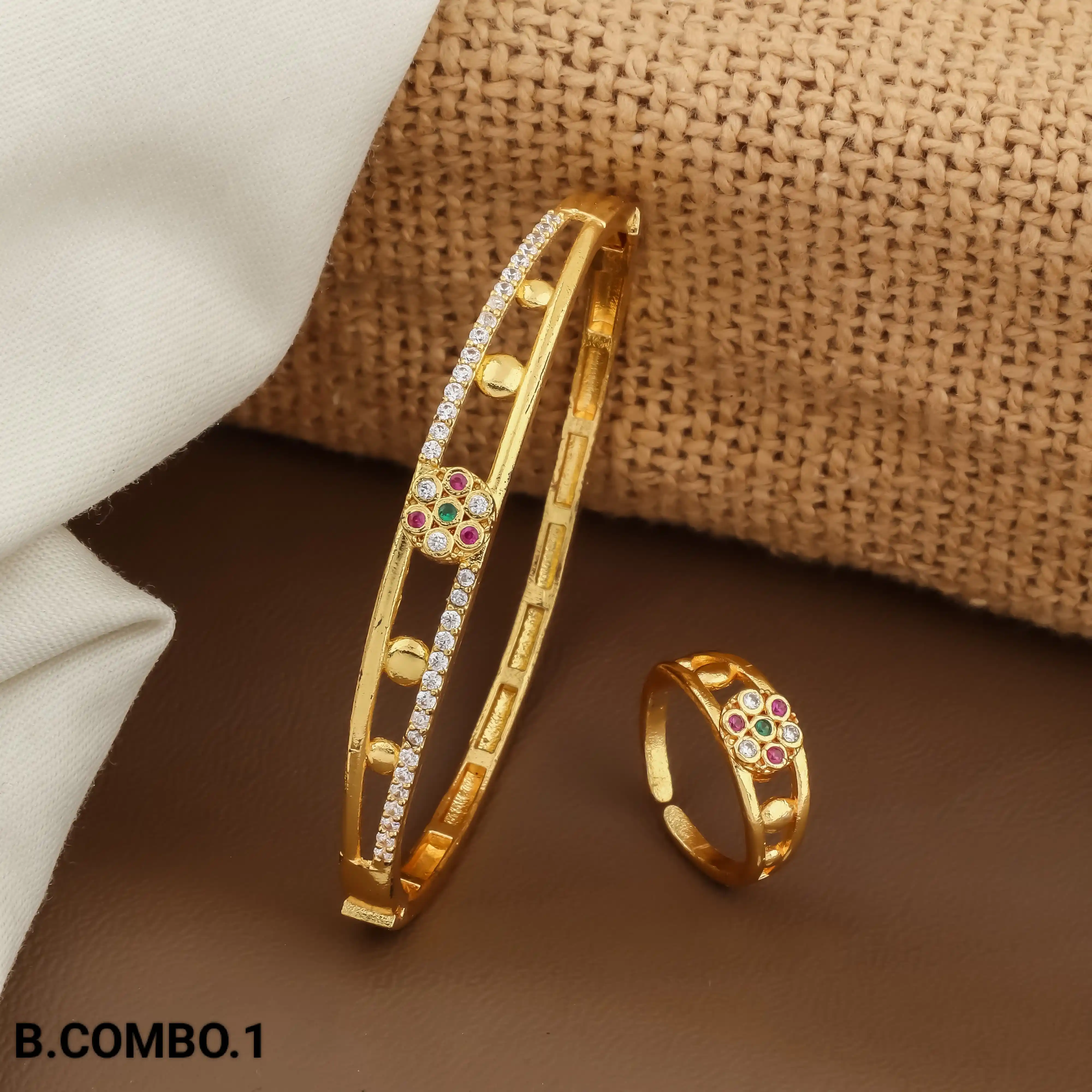 Gold-Plated Bracelet & Ring Combo Set With Multicolor Stones.png