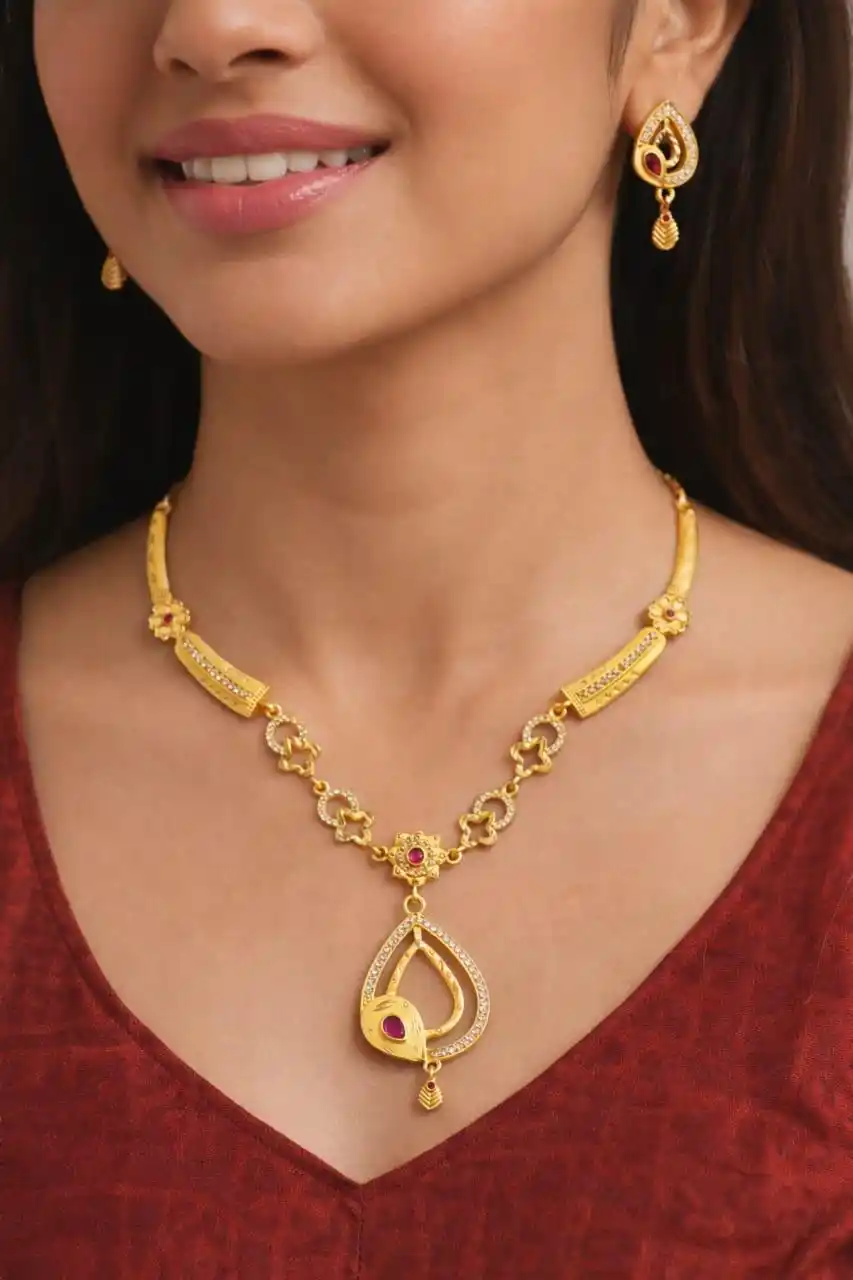 Gold-Toned Peacock Design Necklace Set With Ruby Accents.png