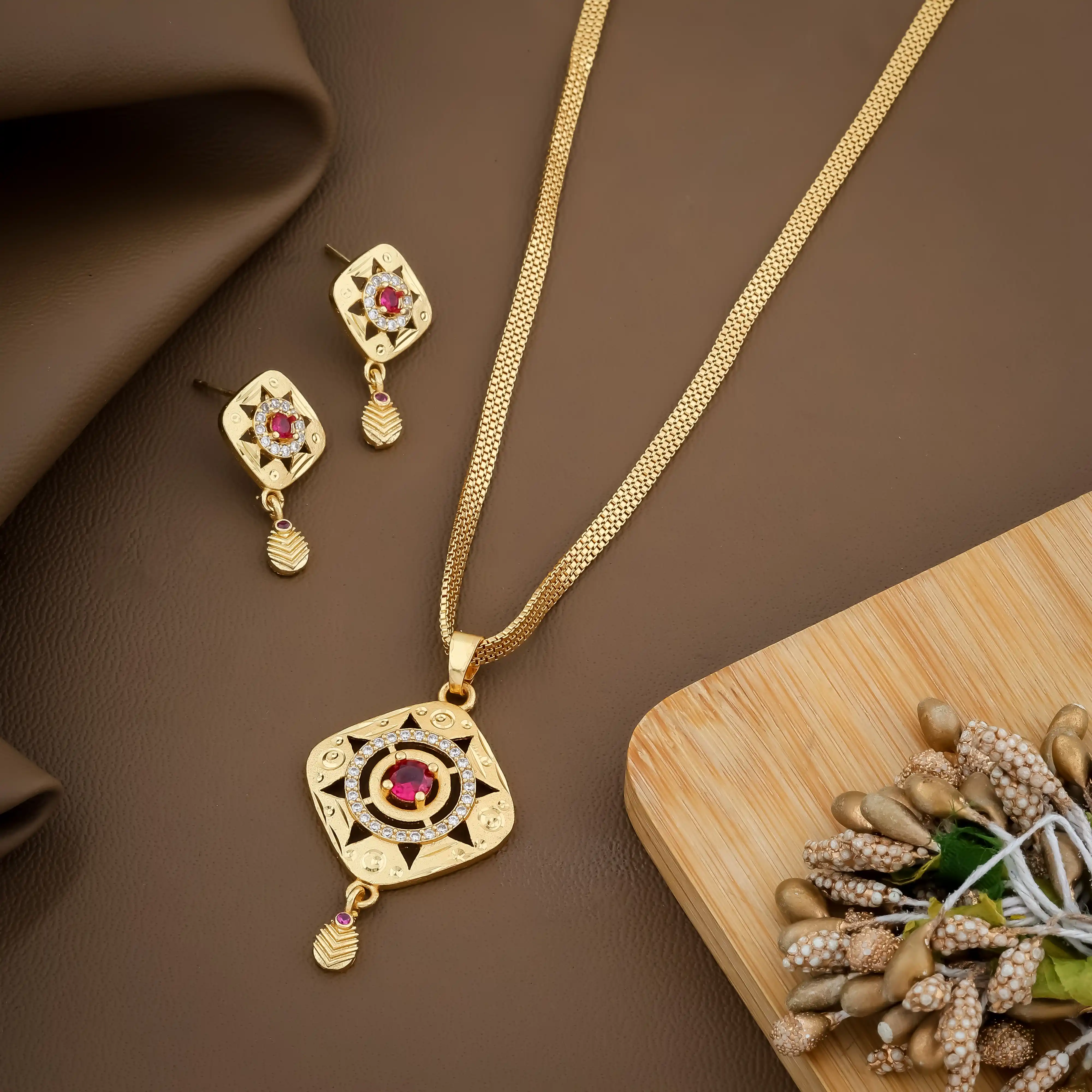 Traditional Gold-Plated Pendant Set With Pink Stone.png