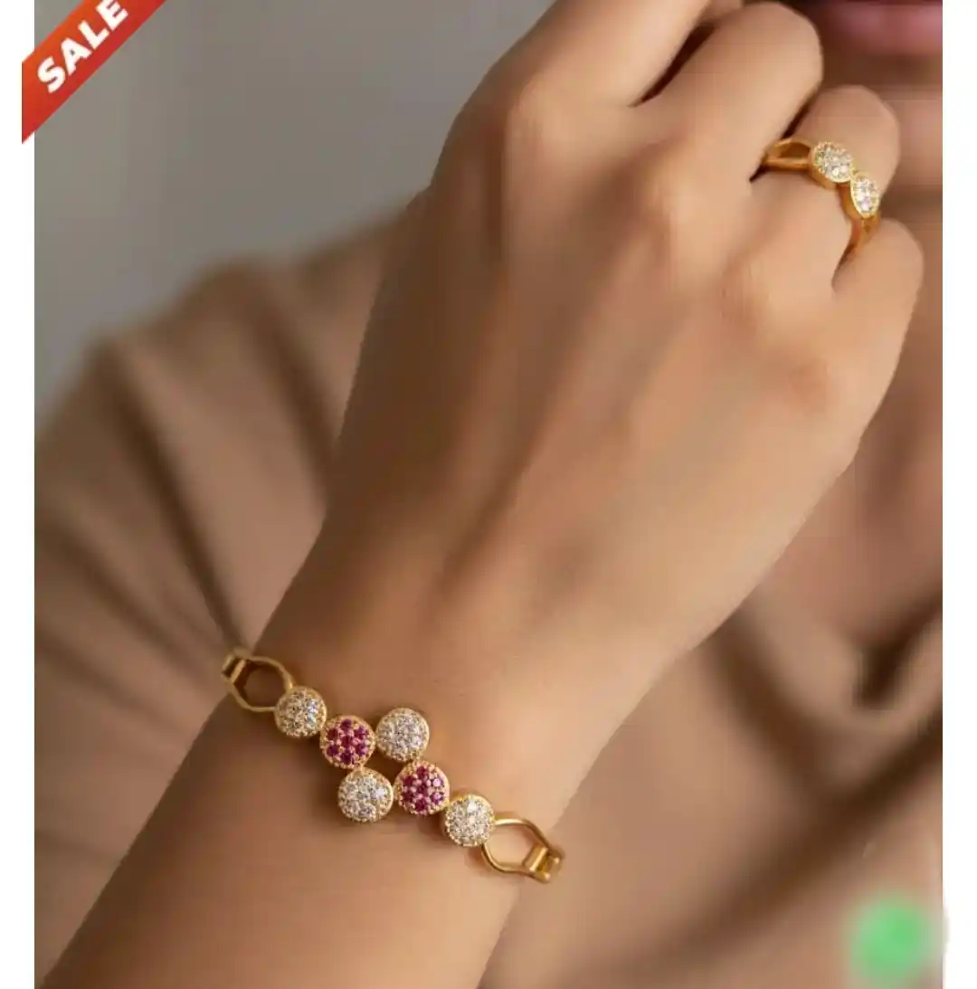 Elegant Floral Crystal Bracelet With Matching Butterfly Ring - Gold Plated Jewelry Set.png