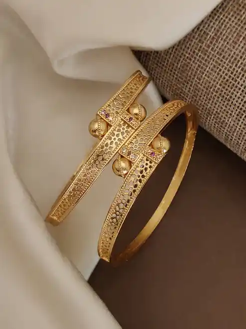 Gold-Plated Textured Bangles With Gemstone Accents (Set Of 2).png