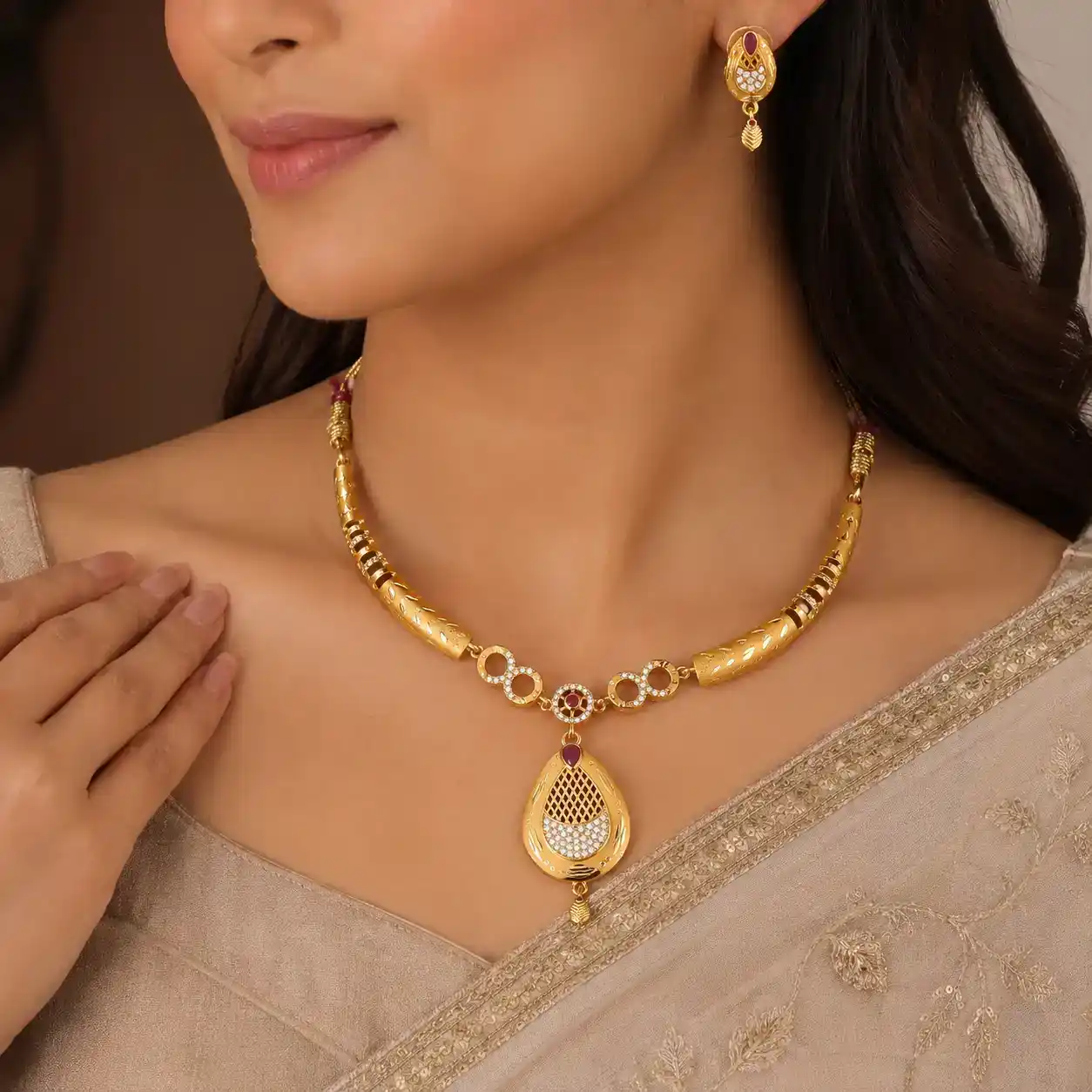 Elegant Gold Plated Ruby Studded Necklace Set With Matching Earrings.png