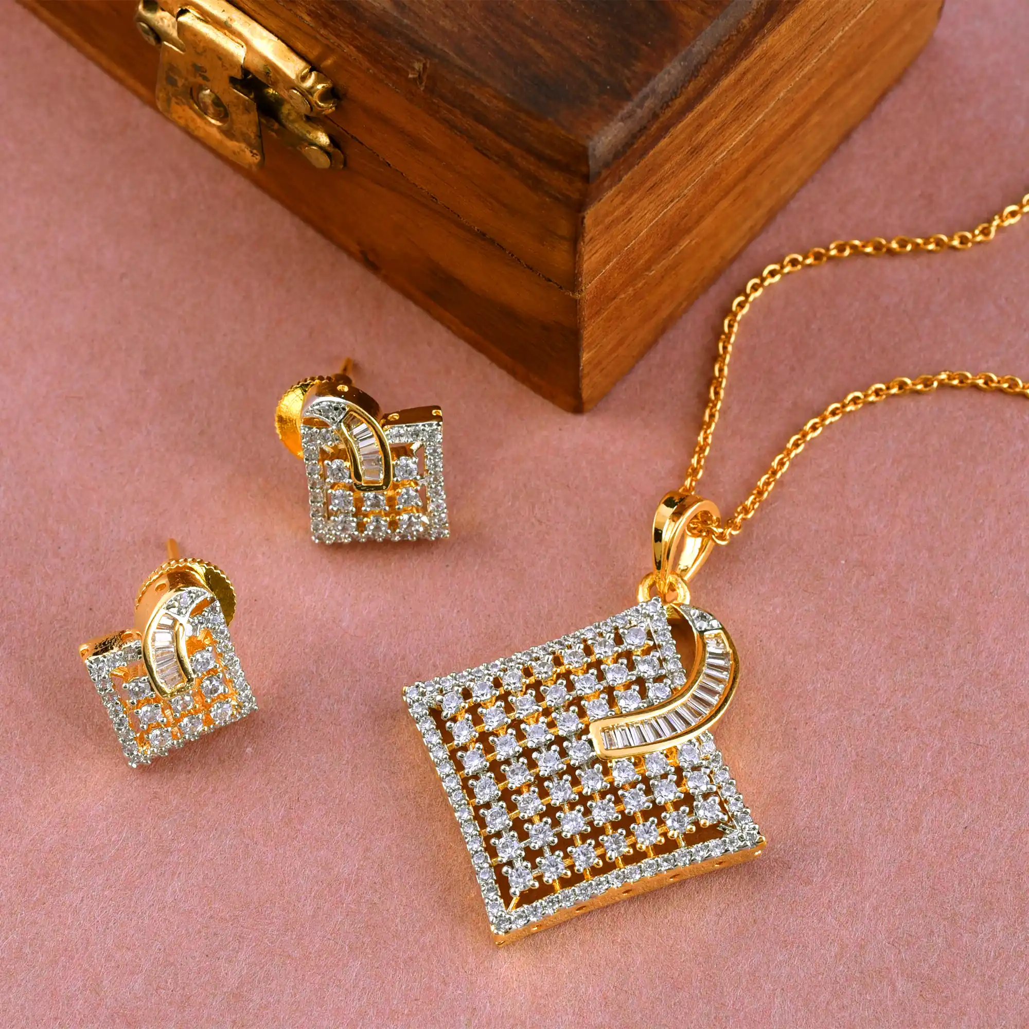 Zircon Diamond Studded Gold Plated Pendant Set with Ear Rings.png