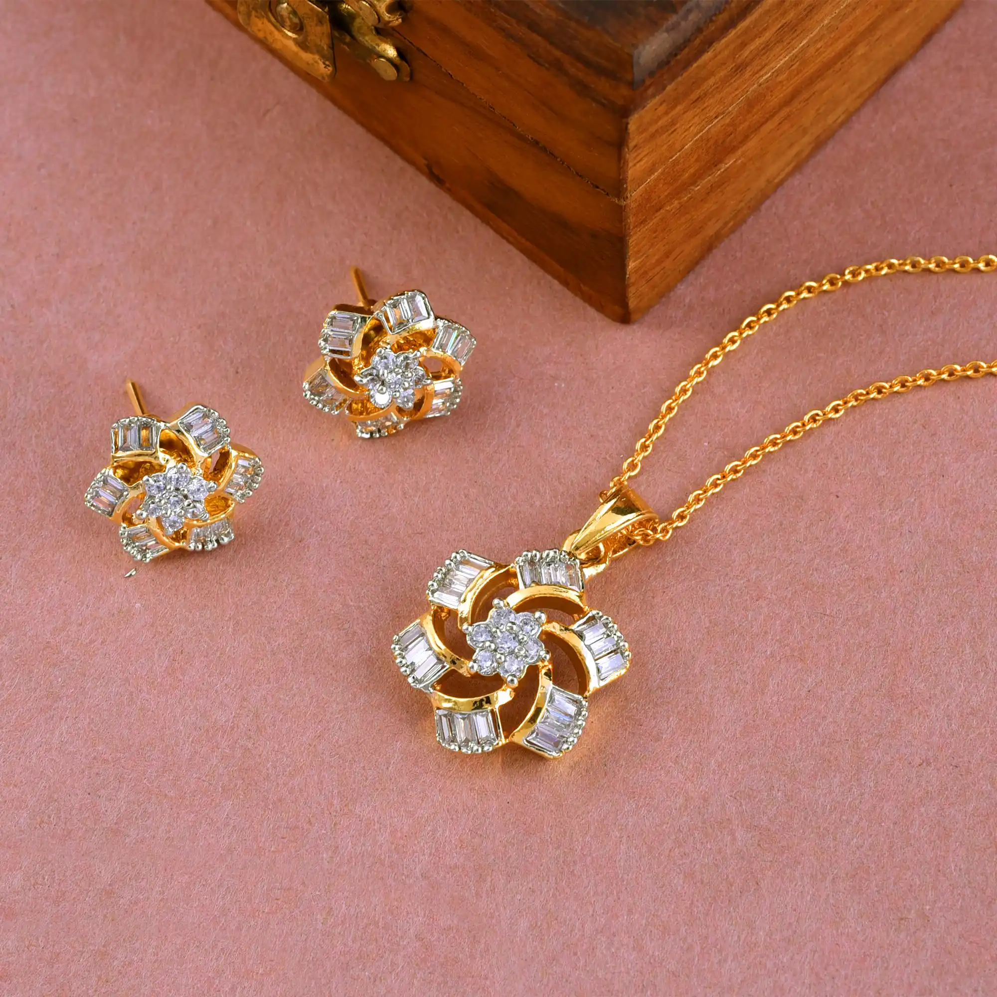 Lustrous Stardust Diamond Pendant Set with Chain and Earrings.png