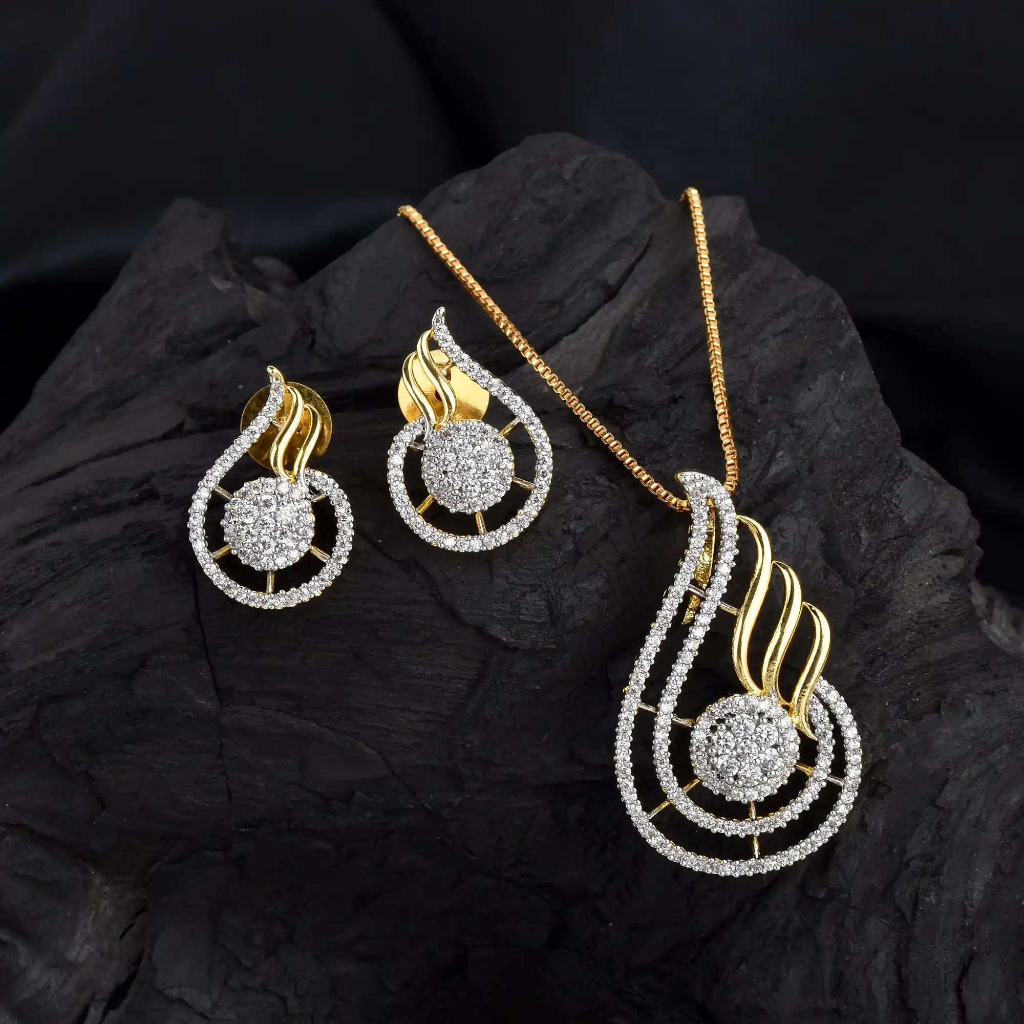 Celeste Spark Gold & Diamond Pendant Set with Ear Rings.png