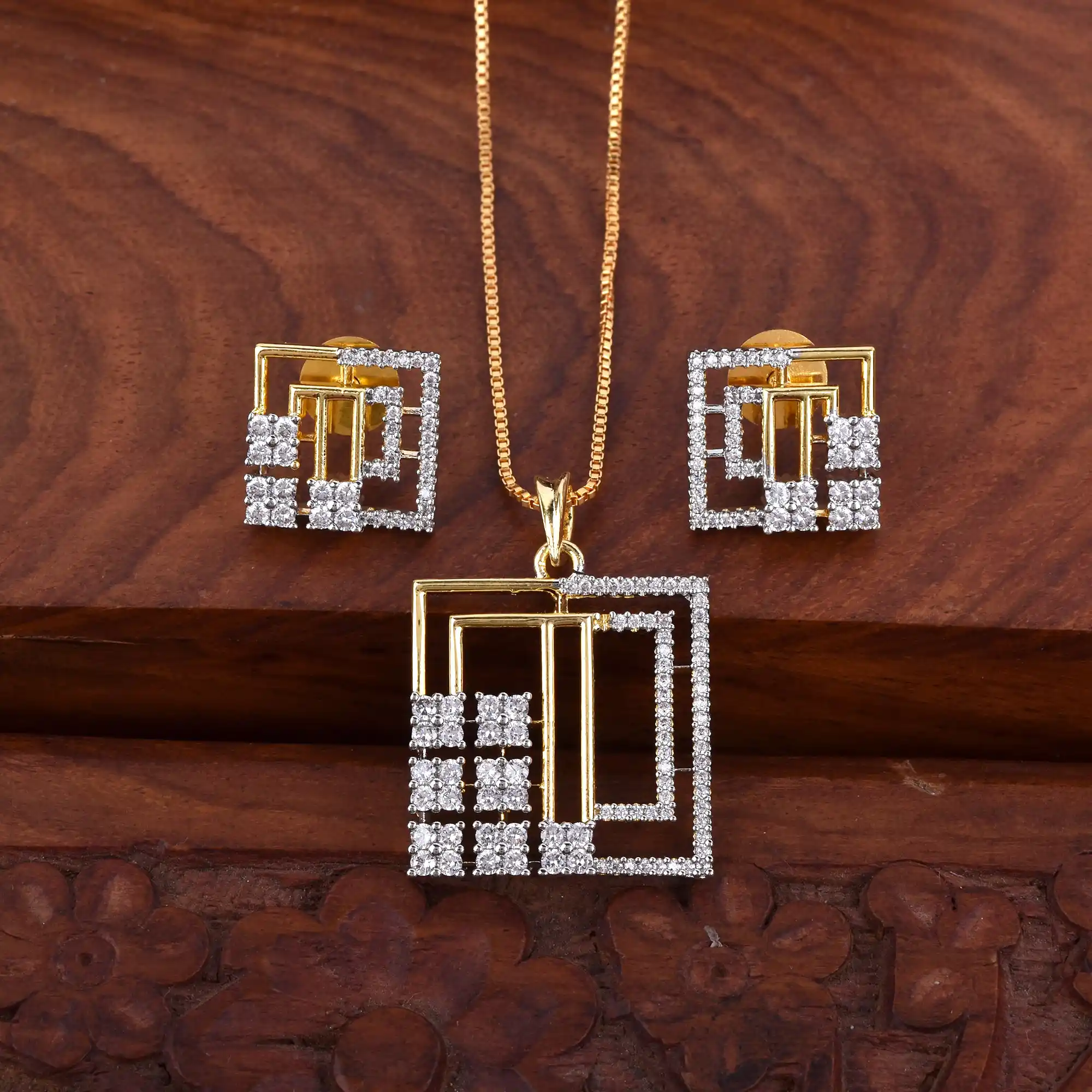 Starlit Grace Gold Diamond Pendant Set with Ear Rings.png