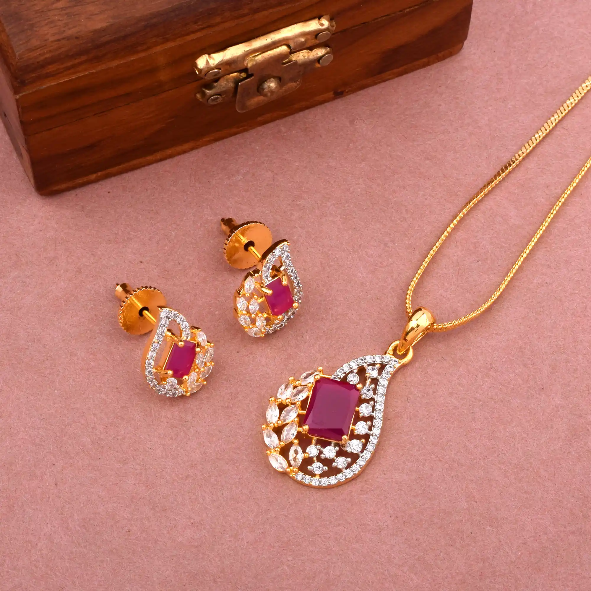 Ruby American Diamond Gold-Plated Pendant Set with Ear Rings.png