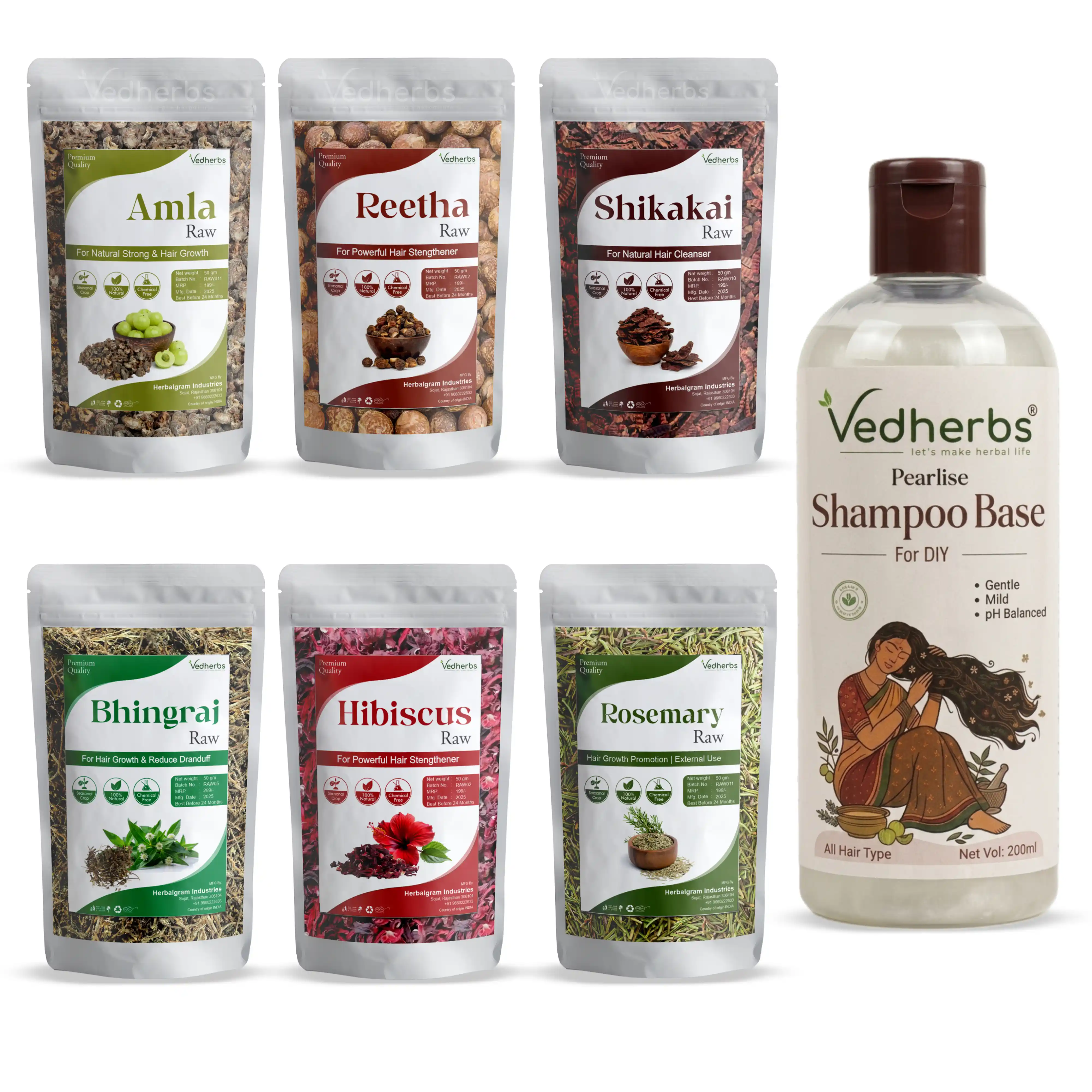 Pack of 6 With 200ml Shampoo base Amla Reetha Shikakai Hibiscus Bhringraj Rosemary 50gm each.png
