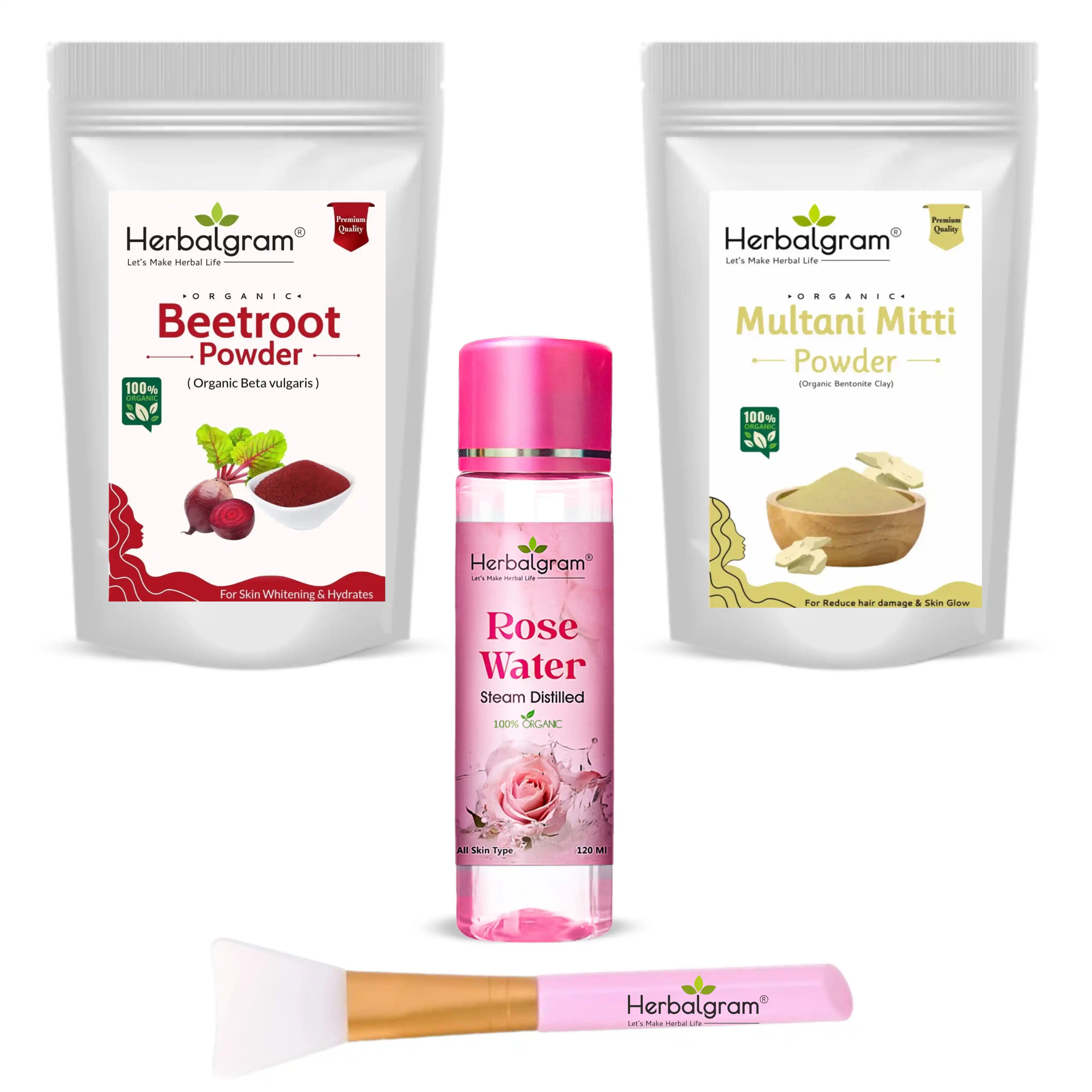 Pack of 3 300gm Beetroot Multani Mitti Powder Rose water 120 ml with free face brush for face pack and skin brightening.png