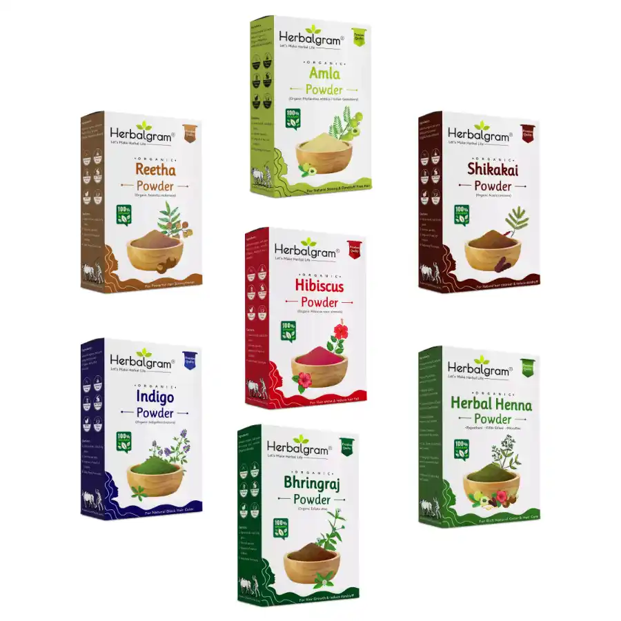 700gm Amla Reetha Shikakai Hibisucs Bhringraj Herbal Henna Indigo Powder For hair care and color 100gm each.png
