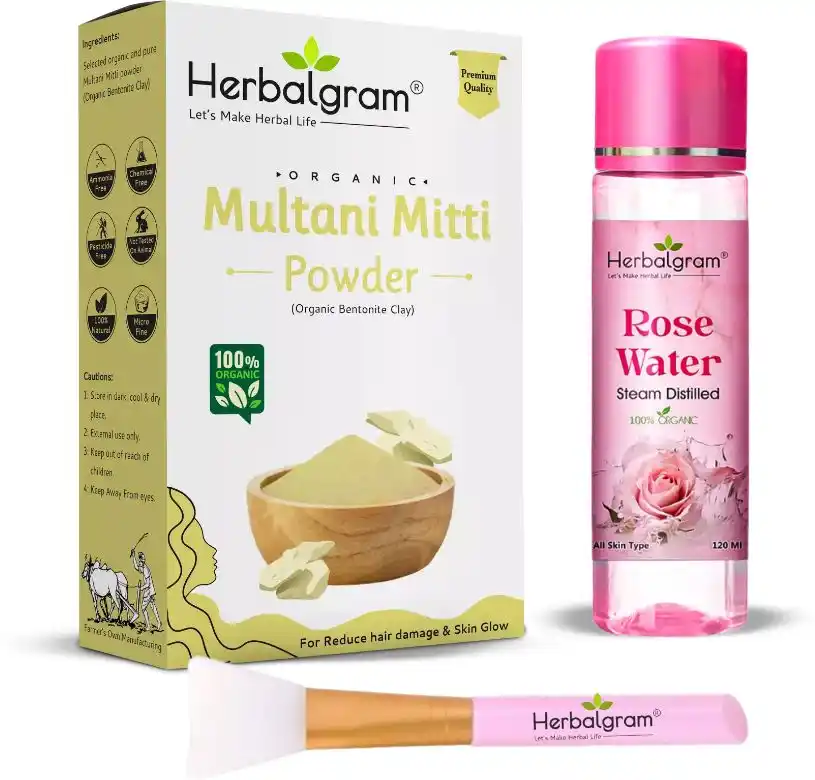 Multani Mitti Powder 100G + Rose Water 120Ml + Brush Combo Face, Skin Glow (250 G).png