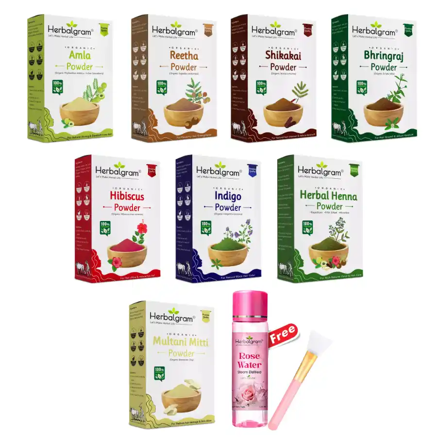 900gm Amla Reetha Shikakai Hibisucs Bhringraj Herbal Henna Indigo Multani Mitti Rose Water 120ml Brush Free Each 100gm.png