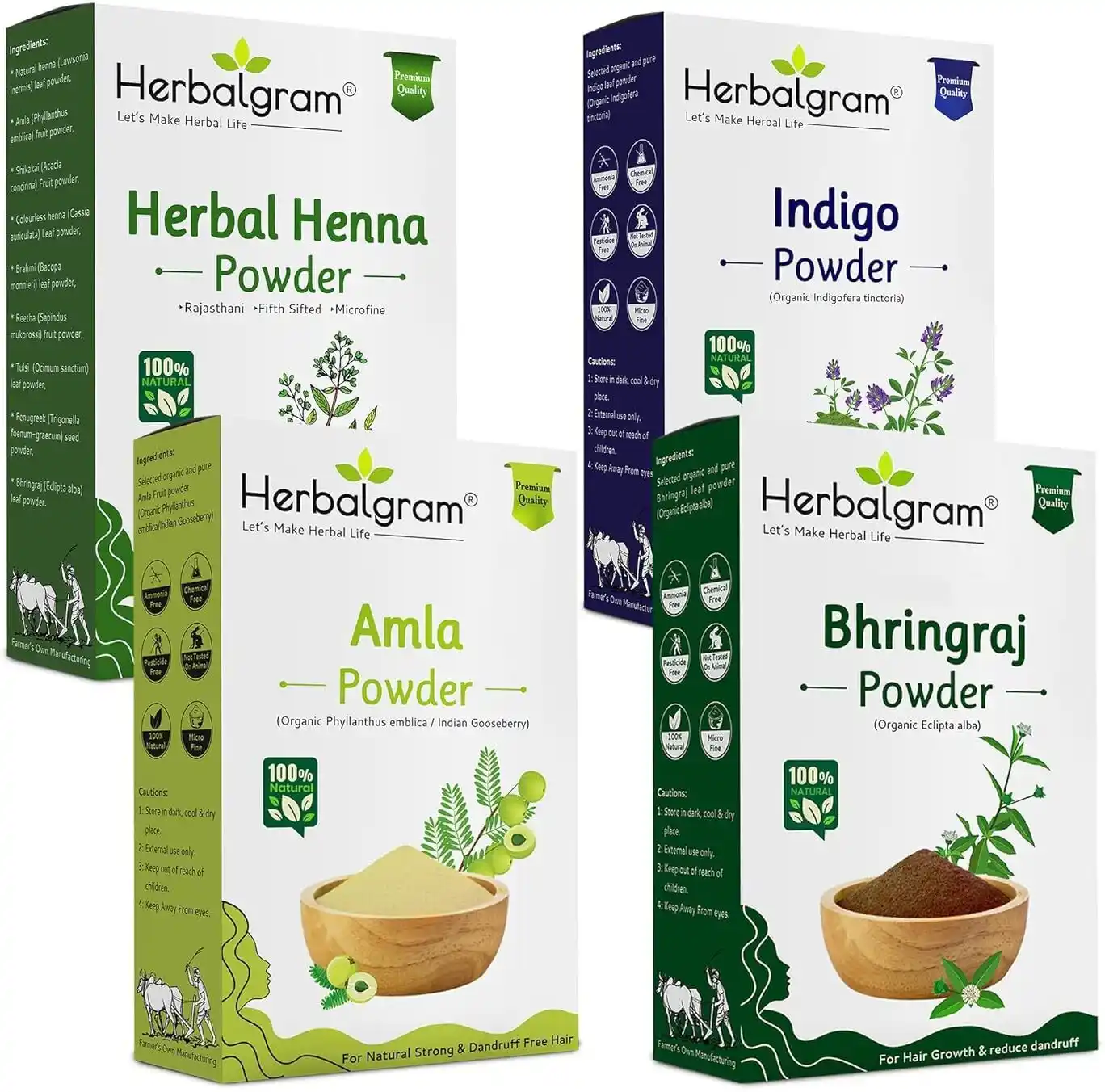 Pack of 4 Amla Indigo Pure Henna Bhringraj Powder For Hair Care & Shine Pure Combo Pack Of 4 (400 G).png